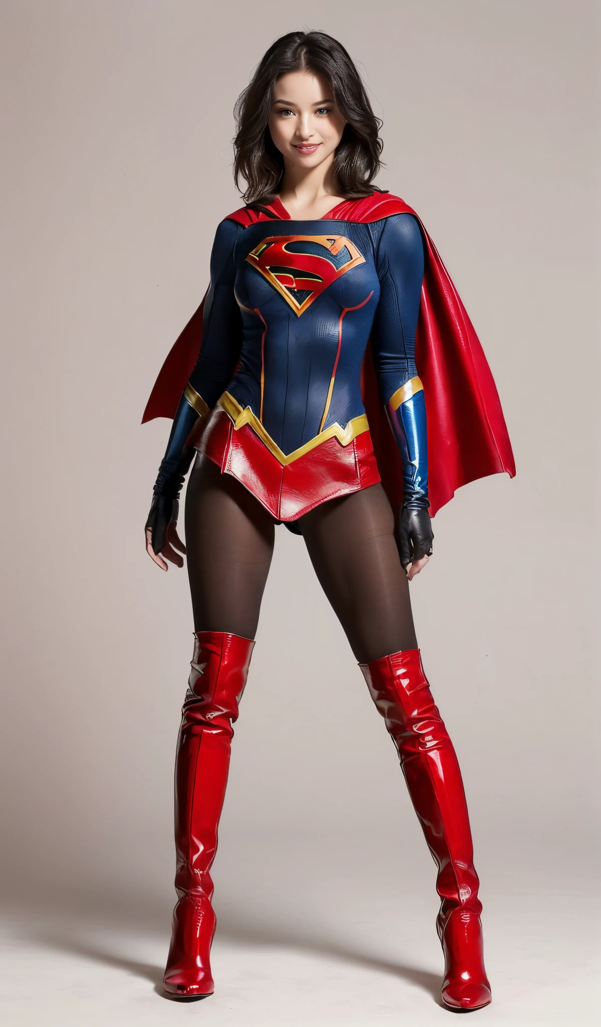Suffering、mouth is always open sloppily、Drool is always dripping from my mouth、Asian Beautiful Girl、(((Wear black tights on your beautiful legs.)))、(((beauty legs)))、(((facial expression of smile)))、((((Make the most of the original image)))、(((Supergirl Costume)))、(((a short bob、beautiful hairl)))、(((Suffering)))、(((Feet must necessarily be worn with black tights)))、(((You need to wear red boots)))、((Top image quality、8K))、((top-quality、8K、​masterpiece:1.3))、(((Keep your background simple)))、Crisp focus:1.2、Beautiful woman with perfect body shape:1.4、Slender Abs:1.2、a wet body:1.5、Highly detailed facial and skin texture、8K、beauty legs