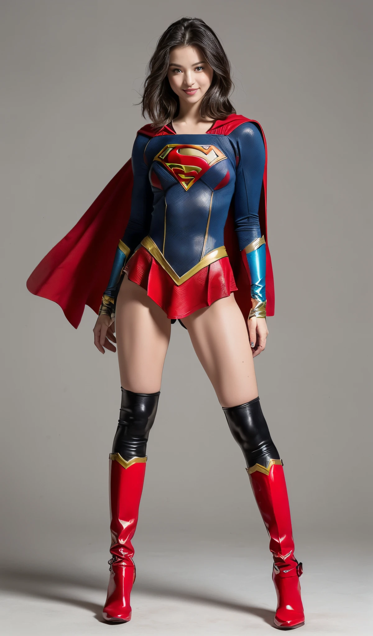 Suffering、mouth is always open sloppily、Drool is always dripping from my mouth、Asian Beautiful Girl、(((Wear black tights on your beautiful legs.)))、(((beauty legs)))、(((facial expression of smile)))、((((Make the most of the original image)))、(((Supergirl Costume)))、(((a short bob、beautiful hairl)))、(((Suffering)))、(((Feet must necessarily be worn with black tights)))、(((You need to wear red boots)))、((Top image quality、8K))、((top-quality、8K、masterpiece:1.3))、(((Keep your background simple)))、Crisp focus:1.2、Beautiful woman with perfect body shape:1.4、Slender Abs:1.2、a wet body:1.5、Highly detailed facial and skin texture、8K、beauty legs