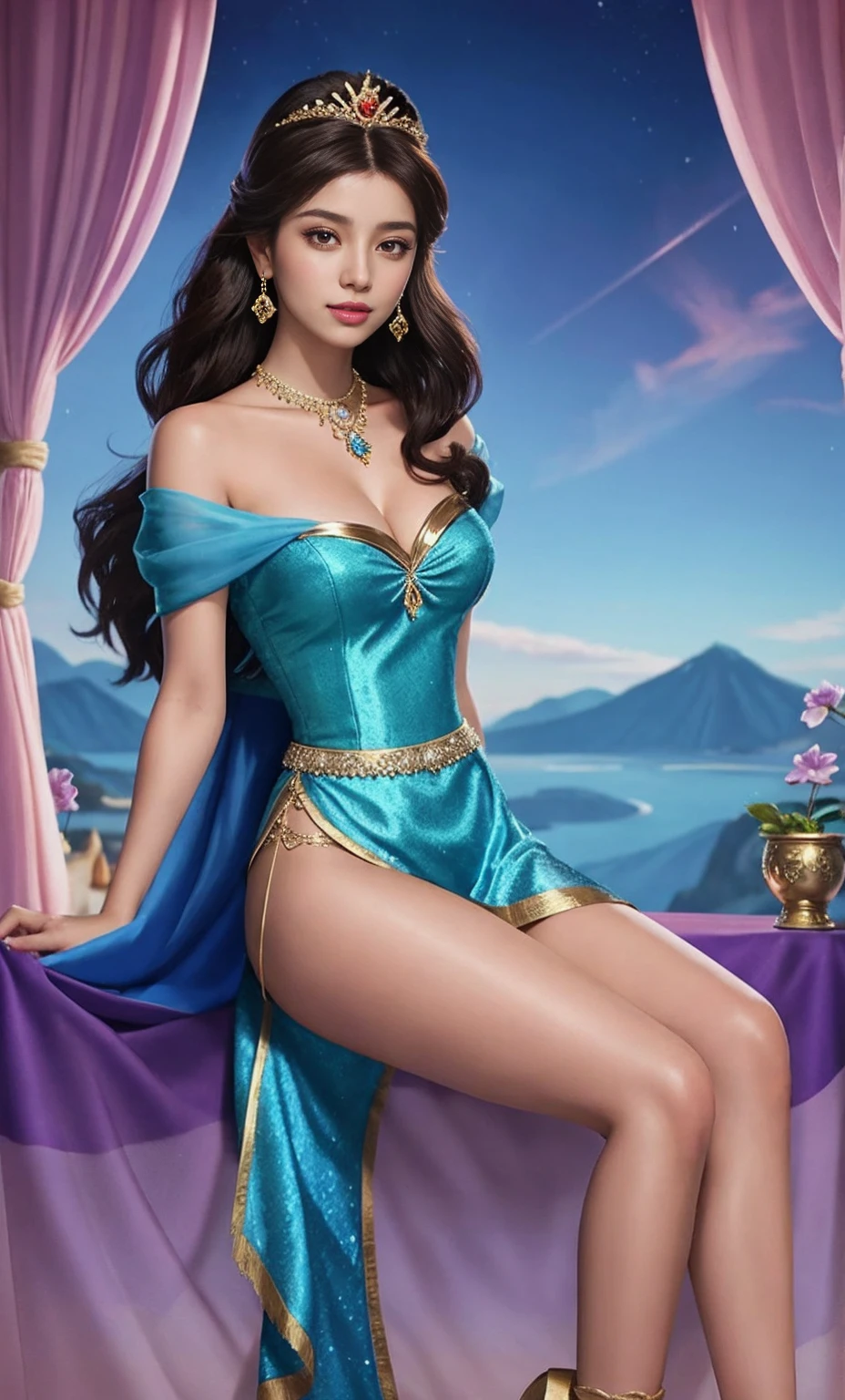 Cartoon image of a woman in a purple dress holding a tambour, Princess Jasmine, Megara, jasmine, jasmine princess, disney character, disney character style, leaked image, Female Disney villains, Pocahontas, Aladdin, Official art, disney artist, Disney Princess, Beautuful Women, Disney Princess, Disney Art Style, Aesthetic!!!!!! female genie, official illustrations、Brown skin
