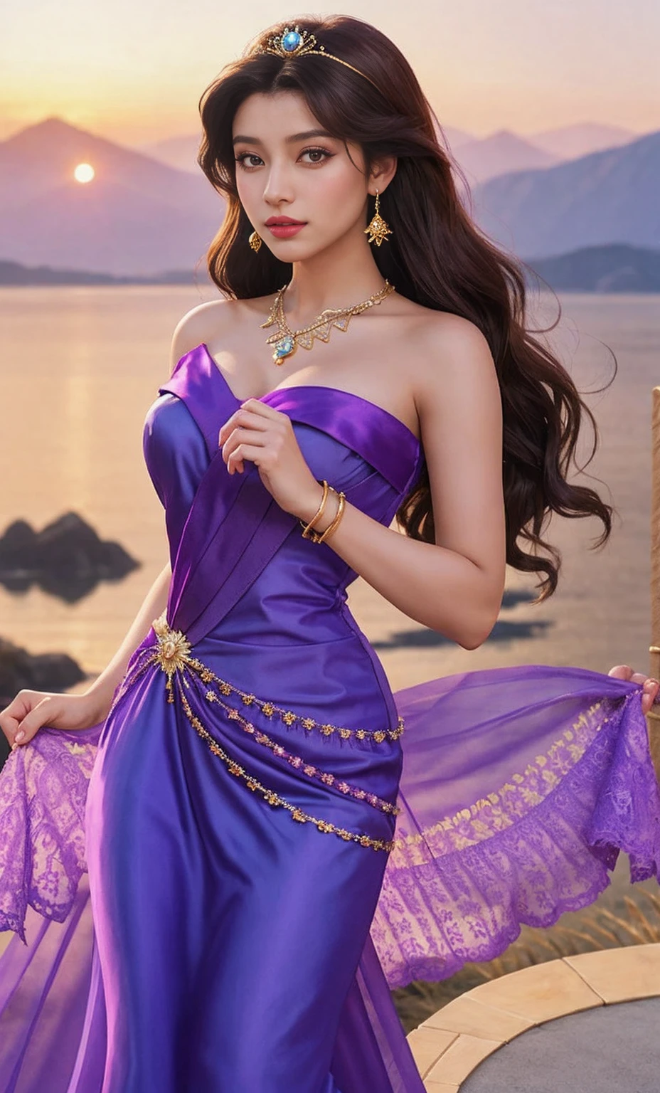 Cartoon image of a woman in a purple dress holding a tambour, Princess Jasmine, Megara, jasmine, jasmine princess, disney character, disney character style, leaked image, Female Disney villains, Pocahontas, Aladdin, Official art, disney artist, Disney Princess, Beautuful Women, Disney Princess, Disney Art Style, Aesthetic!!!!!! female genie, official illustrations、Brown skin
