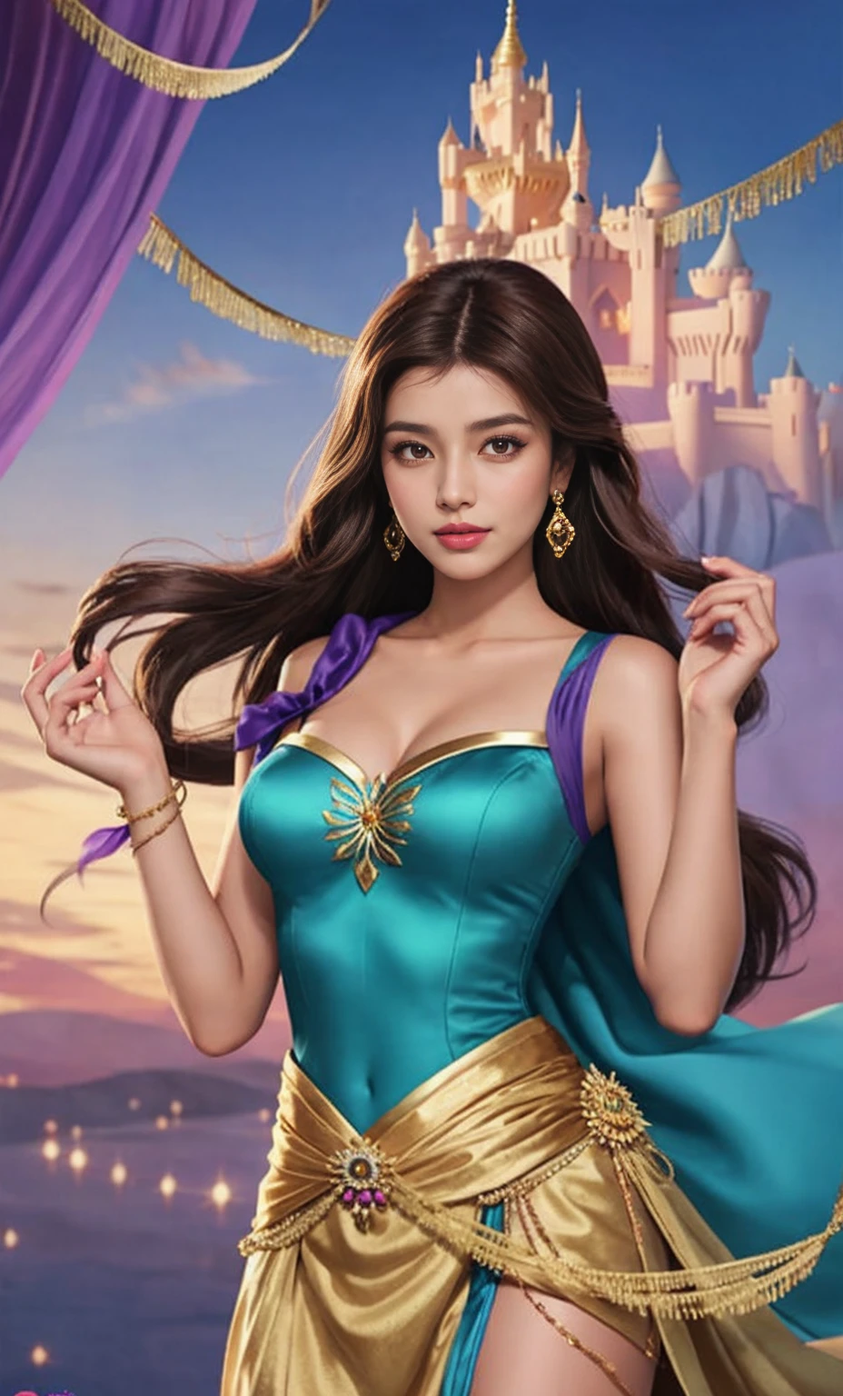 Cartoon image of a woman in a purple dress holding a tambour, Princess Jasmine, Megara, jasmine, jasmine princess, disney character, disney character style, leaked image, Female Disney villains, Pocahontas, Aladdin, Official art, disney artist, Disney Princess, Beautuful Women, Disney Princess, Disney Art Style, Aesthetic!!!!!! female genie, official illustrations、Brown skin