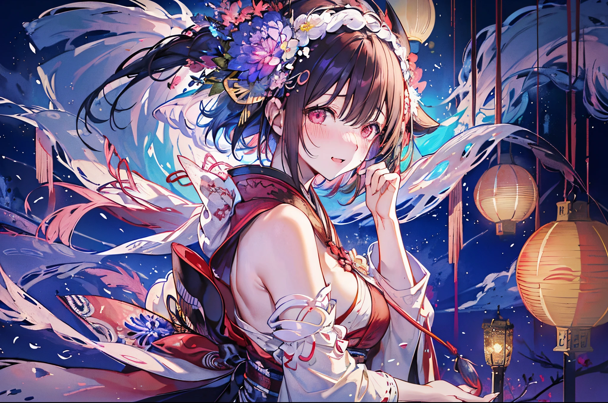 1 girl in, Exposed breasts, a moon, paper lanterns, natta, 独奏,, hair adornments,  komono, Common, playing water, Eau, hairflower, Flowers, exteriors, Skysky, moon full, Sateen, A brunette one, cropped shoulders, Monte, ​​clouds, hugs, Sash, Bare shoulders, paper lanterns, standing, Kimono with white, nigh sky, Side Boob Barbosa, inner strength,  By bangs, that tree, From the side Side, reflector, short detailed hair, cloudy gray sky, wetting hair (((masterpiece),(Extremely detailed CG unity 8k wallpaper)、top-quality、电影灯光、background for this、美丽细致的眼睛、Bright pupils、(Extremely Delicately Beautiful)、(Beautiful and detailed eye descriptions)、ultra - detailed、masterpiece、((light laughter、(Drunken eyes, ,Red blush))),