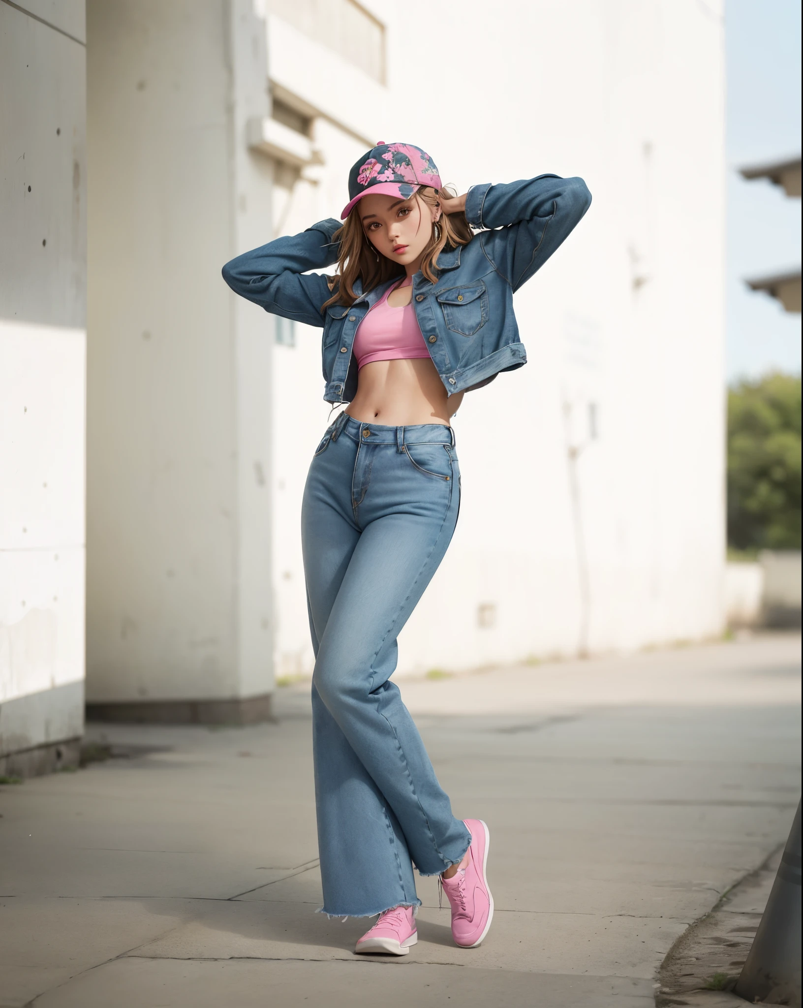 araffe woman in a pink top and jeans posing for a picture, shot on canon eos r5, shot on canon eos r 5, full shot fashion photography, modeling shoot, casual pose, cropped shirt with jacket, casual photography, ad image, clothing photography, modeling photography, lowres, hyper realistic style, cool style, she is wearing streetwear