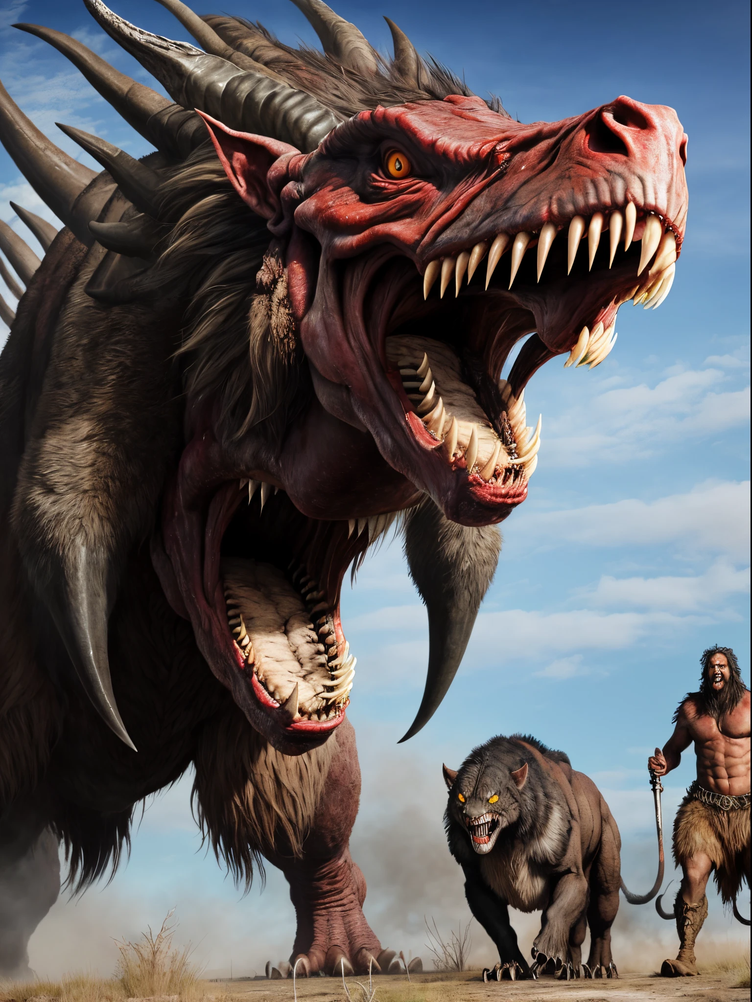 Photorealistic, a colossal prehistoric predator showing teeth very aggressively, a terrifying aura, evil eyes and bloody fur.