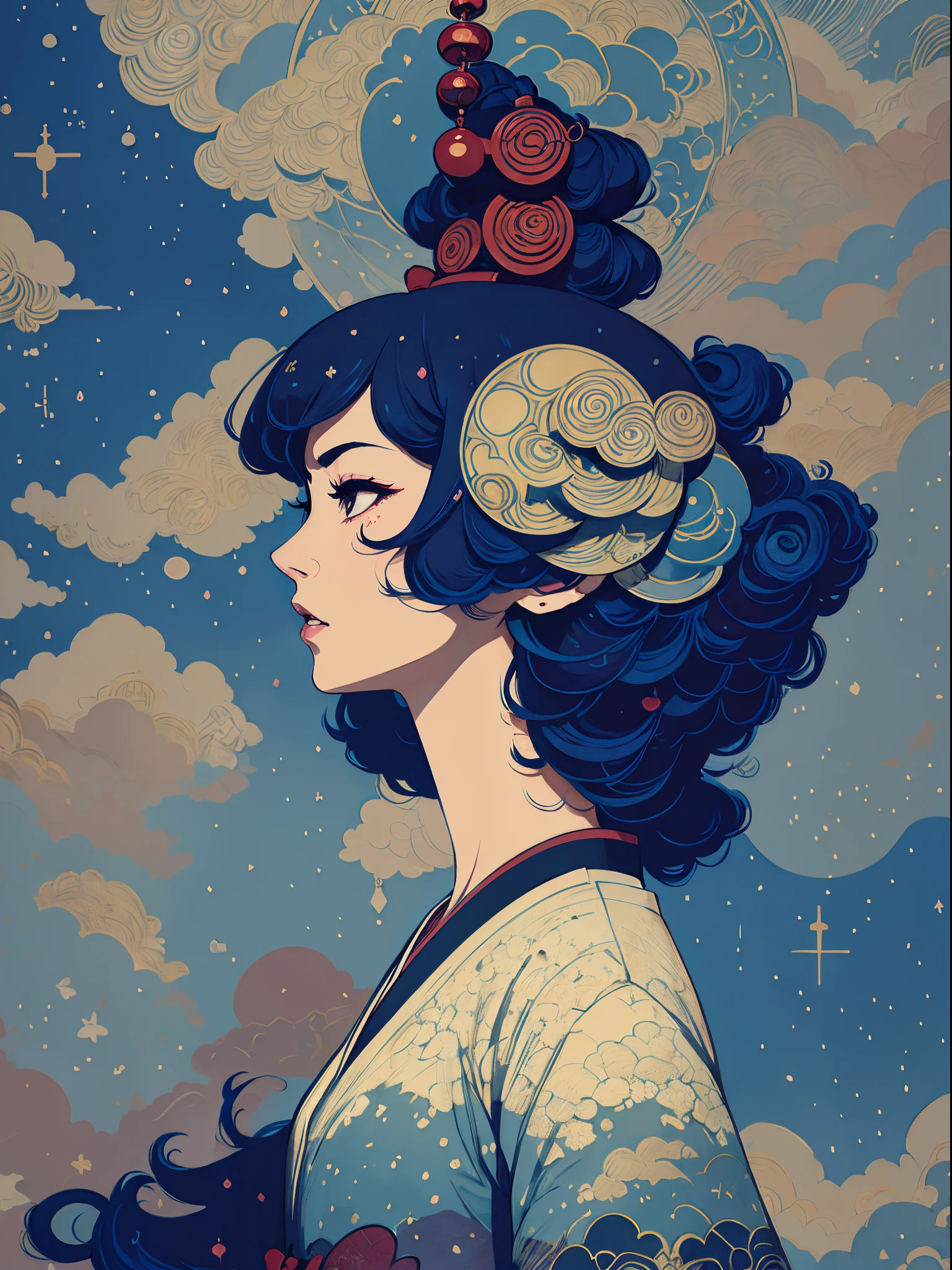 anime illustrated、precision image、​masterpiece、Beautuful Women、Gradient Long Hair、make - up、Tokyo Harajuku city、Fantasia、writing、ukiyoe painting