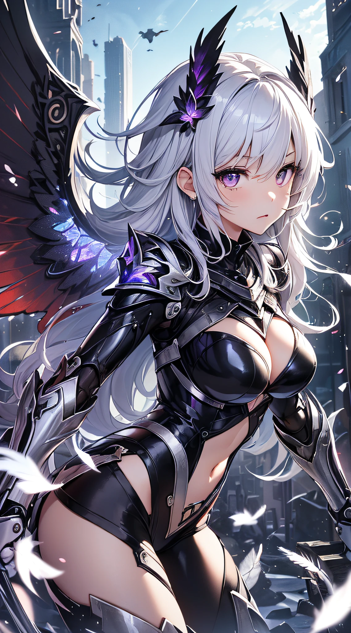 top-quality、Top image quality、masterpiece、girl with((Silver and black mechanical body armor、silver mechanical arm、silver leg arms、Shining red body line、、teen ager、cute lit Bust、big bast,Beautiful shining purple eyes、Breasts wide open, white hair、black mechanical wings,Longhaire、A slender,Large valleys、belligerent movements,holds a black sword、Leaning forward)),hiquality、Beautiful Art、Background with((Midnight City、Pillar of fire、fluttering white feathers)))、,masutepiece、depth of fields,Cinematic style