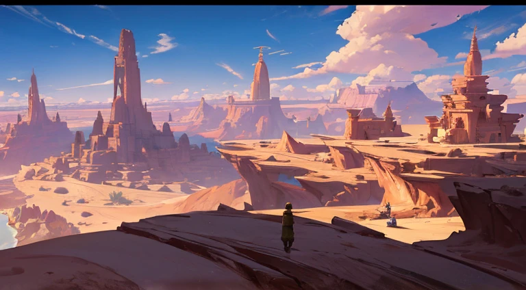 ConceptArt, scenery, desert, desert village, trees, coconut tree, oasis, body of water, wanderer, sky, clouds, dust, rock, cliffs, canyon, from above, 1 man standing
