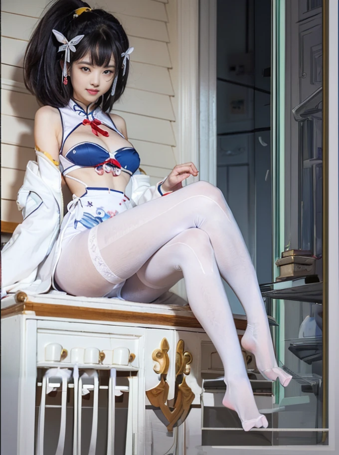 A woman in a sailor suit sits on the dressing table, Anime girl role play, Sleek white skintight suit, Japan goddess, sakimicchan, roleplaying, Shikami, Sakimichan Institute of Human Development, inspired by Leng Mei, anime cosplaying, Popular topics on cgstation, White stockings, Realistic young gravure idol, Anime girl squat