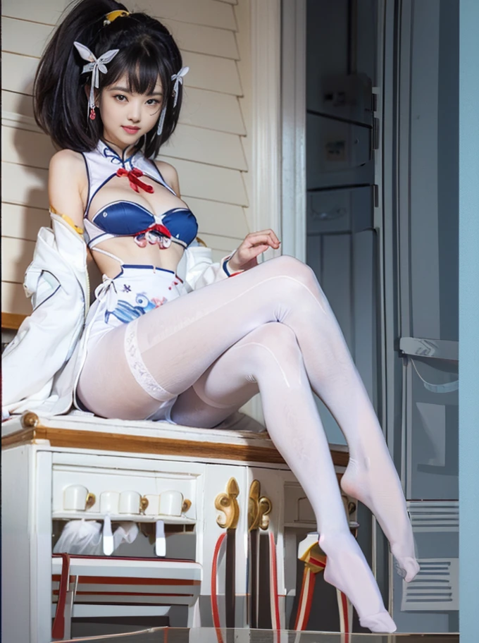 A woman in a sailor suit sits on the dressing table, Anime girl role play, Sleek white skintight suit, Japan goddess, sakimicchan, roleplaying, Shikami, Sakimichan Institute of Human Development, inspired by Leng Mei, anime cosplaying, Popular topics on cgstation, White stockings, Realistic young gravure idol, Anime girl squat