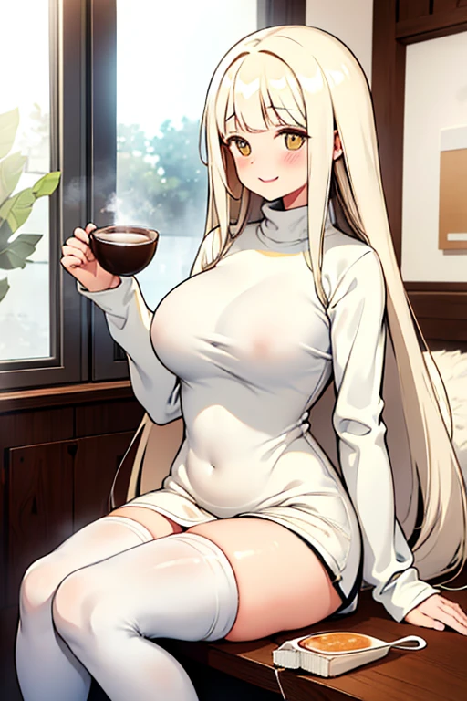 Slim and petite young woman with long yellow hair and light-colored eyes, wearing a white wool sweater, shorts with black stockings, and light-colored boots, sitting at the kitchen table, enjoying a cup of coffee with toast. Medium-sized breasts, captivating smile, curves in her body, and curves in her clothing.
