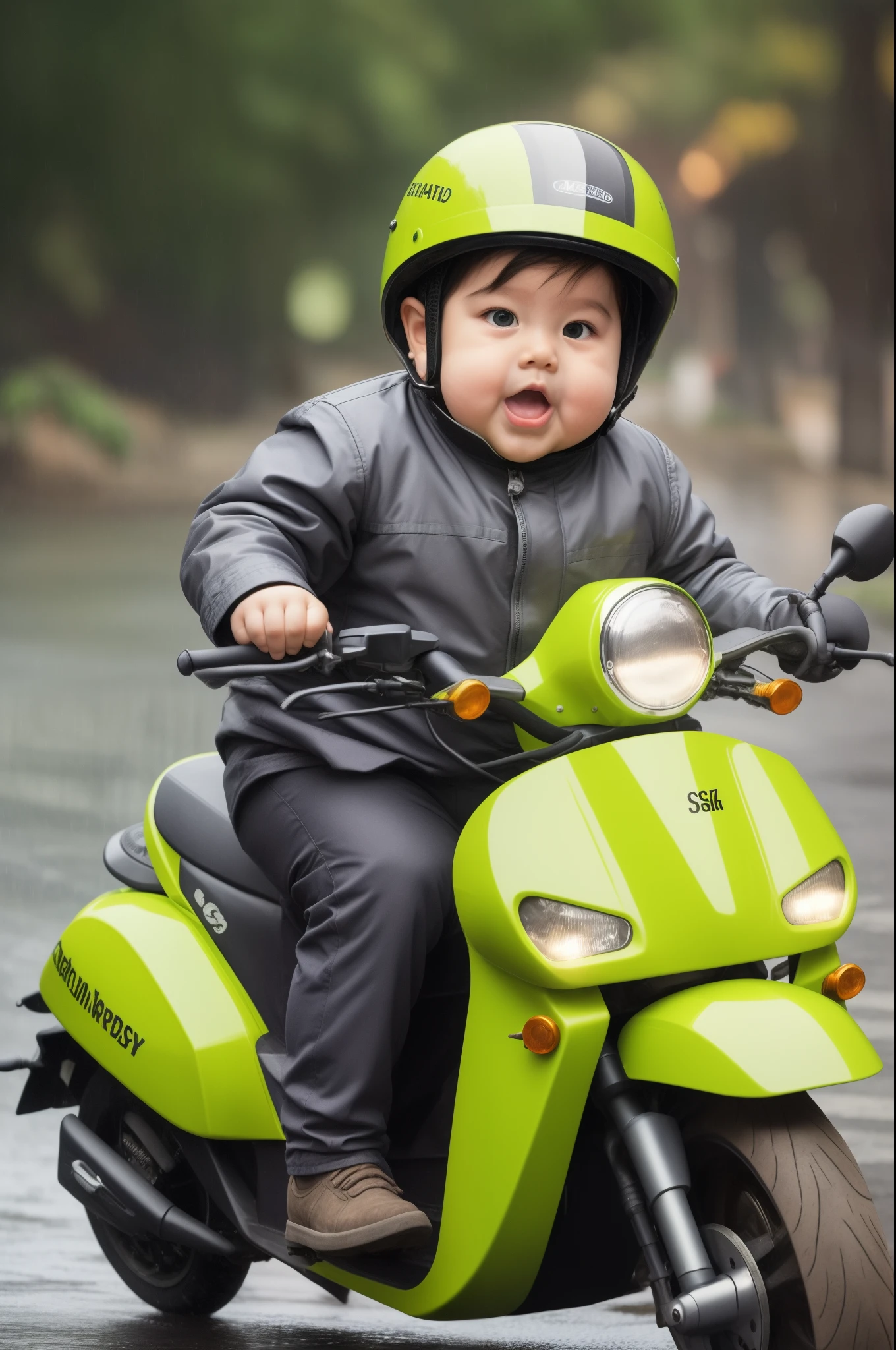 A photorealistic imaginary of a cute chubby toddler who is depicted as a motorbike taxi driver online, he is wearing a green jacket and helmet, riding a moped in the heavy rain, his facial expression is adorable and his body and cheeks look chubby. --auto --s2