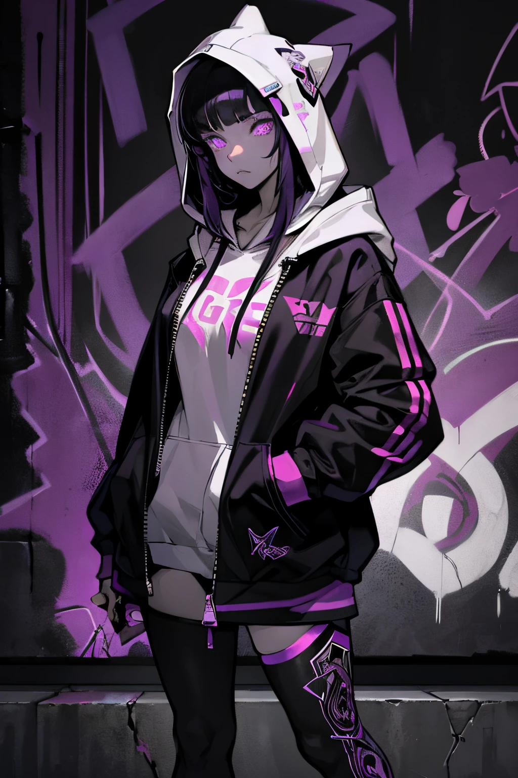 1girl, ((ultra detailed eyes)), glowing purple eyes, hoodie, unzipped coat, ((hood on)), white skin girl, front bangs, edgy, standing in front of a graffiti-covered wall, street fashion, sneakers, spray paint cans, cyberpunk theme