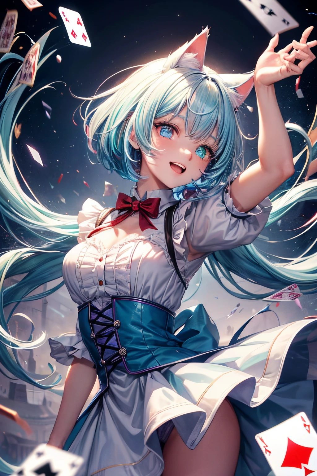 Top quality, high resolution, perfect human anatomy, background focus, front view, seven-color hair, glowing hair, cat ears, heterochromia, teeth, shiny hair, playing cards, forest, Alice in Wonderland, playing card costume, gradient eyes,