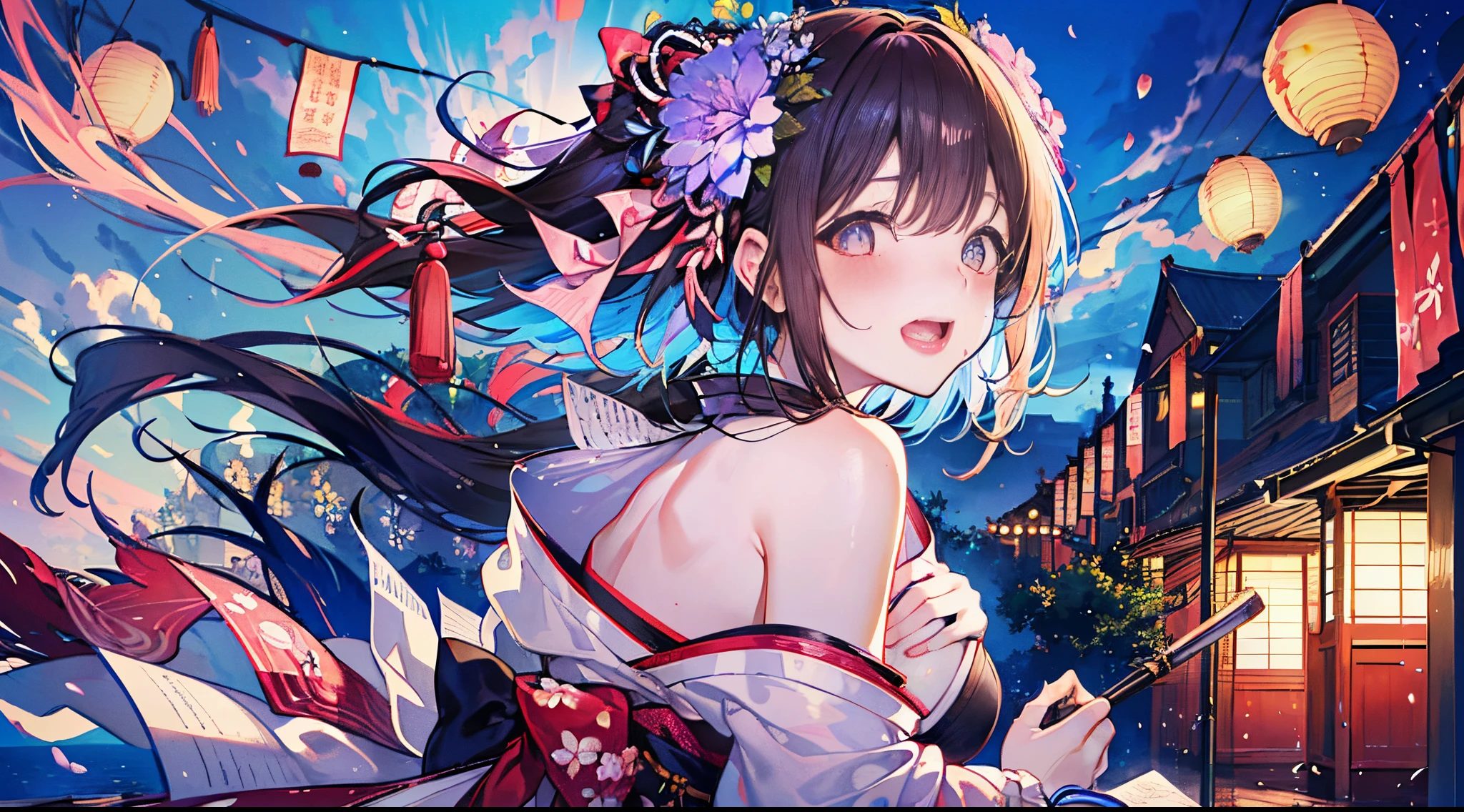 1 girl in, Naked of breast, a moon, paper lanterns, natta, 独奏,, hair adornments, Common, Common, playing water, Eau, hairflower, blossoms, allure, sky sky, moon full, Sateen, A brunette one, cropped shoulders, Monte, cloud, hugs, Sash, exposed bare shoulders, paper lanterns, Permanent, Kimono white, nigh sky, Side Bubba Bosa, inner strength, through bangs, that tree, seen from the side, reflector, Short hair details, cloudy gray sky, wetting hair (((tmasterpiece),(extremely detaild的 CG unified 8k wallpapers)、top-quality、电影灯光、background of the matter、beautidful eyes、Bright pupils、(Extremely Delicately Beautiful)、(Beautiful and detailed eyes description)、ultra - detailed、tmasterpiece、((light laughter、(Drunken eyes, ,Red blush))),