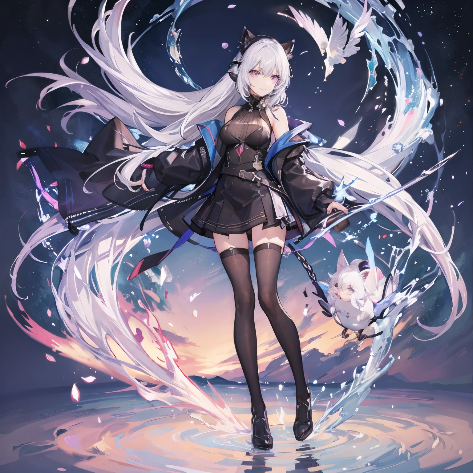 "anime girl, 1 person, silver white hair tied on both sides, light pink purple eyes, wearing cat ear headphones, female shirt, female school uniform, tie, black miniskirt, big breasts, smiling, tights,  standing cross-legged, side view, (full HD 4K+ image)"