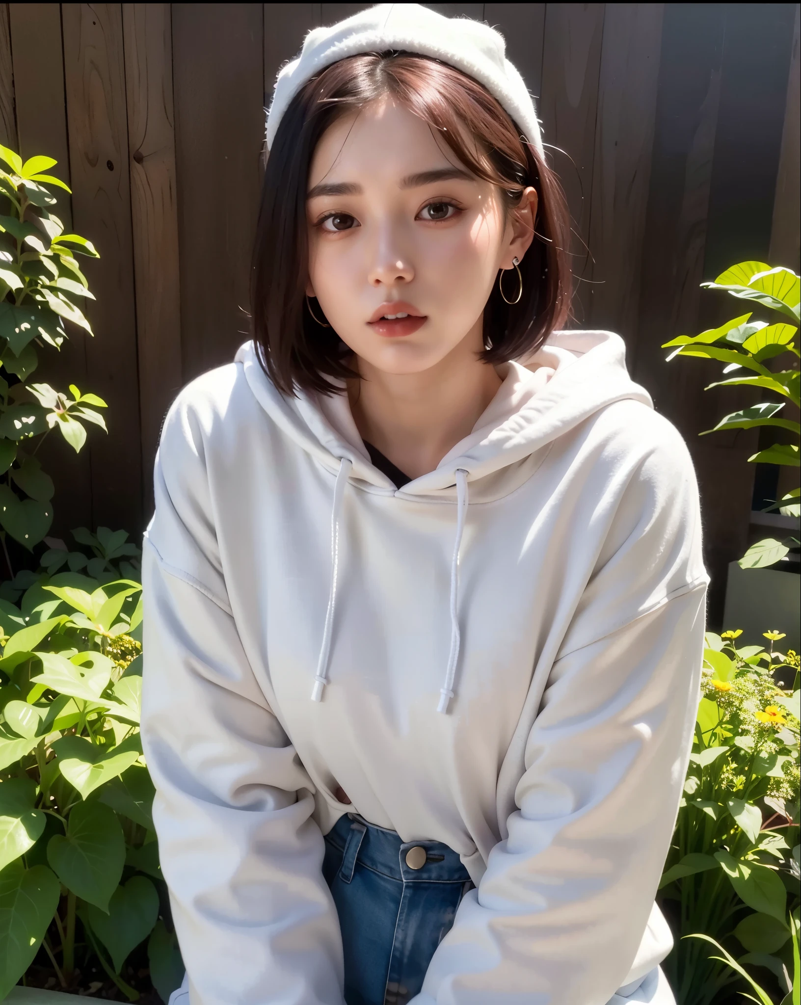 top-quality、8k、A woman wearing a white hoodie sitting on a bench, Adorable face、 ulzzangs, wearing an oversized hoodie, Korean Girl, korean female fashion model, beautiful Korean women, Gorgeous young Korean woman, black haired girl wearing hoodie, Beautiful young Korean woman, Adorable Korean Face, Popular Korean Makeup, Wearing hoodie, Jinyoung Shin, popular south korean makeup