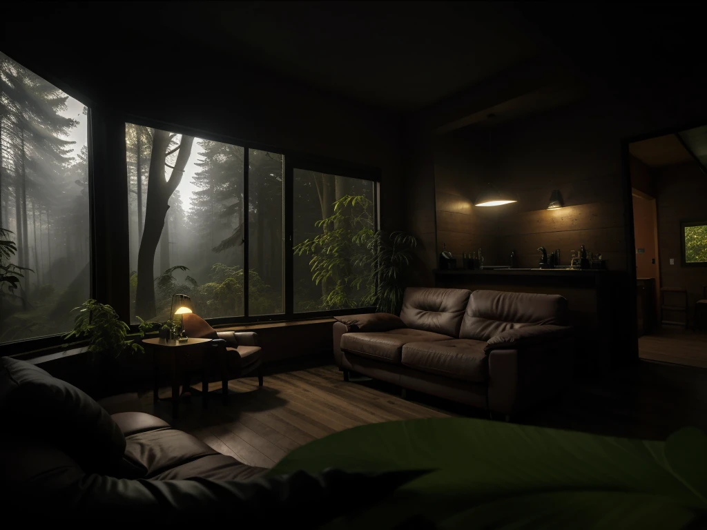 there is a room with a sofa and a chair, lugar aconchegante, ambiente aconchegante, lareira, lareira acesa ambiente acolhedor e tranquilo, biblioteca sombria, atmosfera mal-humorada, ambiente relaxante, atmosfera aconchegante, Atmoshpere aconchegante, large windows to the forest at night, fundo aconchegante da casa, grumpy cinematic atmosphere, fundo aconchegante da sala de estar, ambiente aconchegante, atmosfera sonhadora e drama, Papel de parede aconchegante