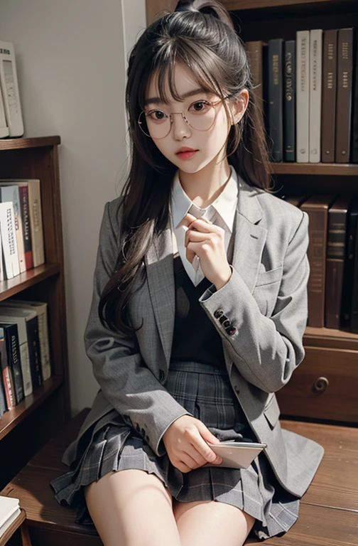 Korean Preppy Style, Ridiculously long ponytail, Parted bangs, circle-glasses, 校服, Dark grey open jacket, Dark grey blazer, Pleated skirt, long plaid skirt,Reading books in the library, The morning sun is shining,Shy and quiet girl, Modest and dignified,Look into the distance, very detail hair, intricate detailes, Best Quality, realisticlying,nood,tmasterpiece
