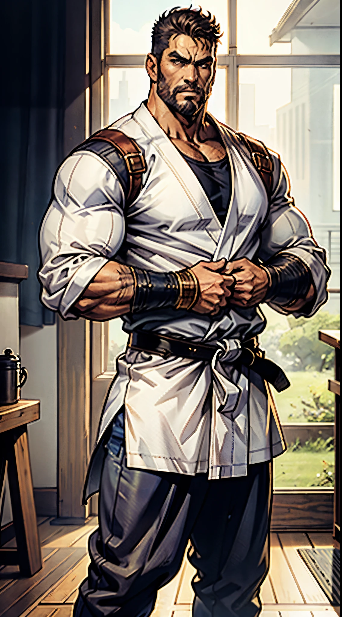 A middle-aged man around 50, short black hair tinged with white, a vertically upright hairstyle, thick eyebrows, round and large eyes, scars are present on the eyes and the bridge of the nose, a full beard, a muscular and robust physique, loose martial arts-style robes, rolled-up sleeves, cloth wrist guards, a linen belt around his waist, tattered hem, matching coarse fabric pants, the background is within a tidy dojo, this character embodies a finely crafted fantasy-realistic style martial artist in anime style, exquisite and mature manga art style, high definition, best quality, highres, ultra-detailed, ultra-fine painting, extremely delicate, professional, anatomically correct, symmetrical face, extremely detailed eyes and face, high quality eyes, creativity, RAW photo, UHD, 8k, Natural light, cinematic lighting, masterpiece-anatomy-perfect, masterpiece:1.5
