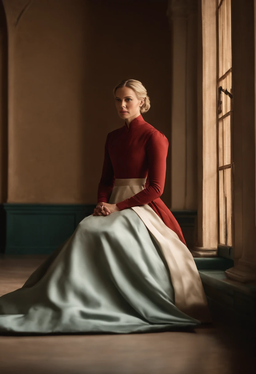 An image of Serena sitting in a dimly lit room, carefully transcribing ancient texts onto parchment with a focused expression,The Handmaid's Tale,Serena Joy, a pivotal character in “The Handmaid’s Tale,” exudes a composed and elegant demeanor, her appearance characterized by the traditional, modest attire mandated for wives in Gilead, often in shades of teal. Her poised exterior, with meticulously styled hair and a stern yet beautiful face, belies the complexity and turmoil beneath.