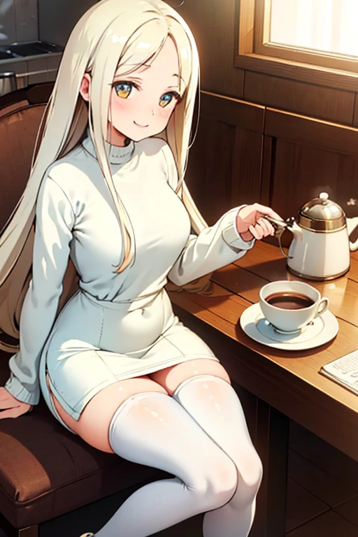 Slim and ite young woman with long yellow hair and light-colored eyes, wearing a white wool sweater, shorts with black stockings, and light-colored boots, sitting at the kitchen table, enjoying a cup of coffee with toast. Captivating smile, curves in her body, and curves in her clothing.