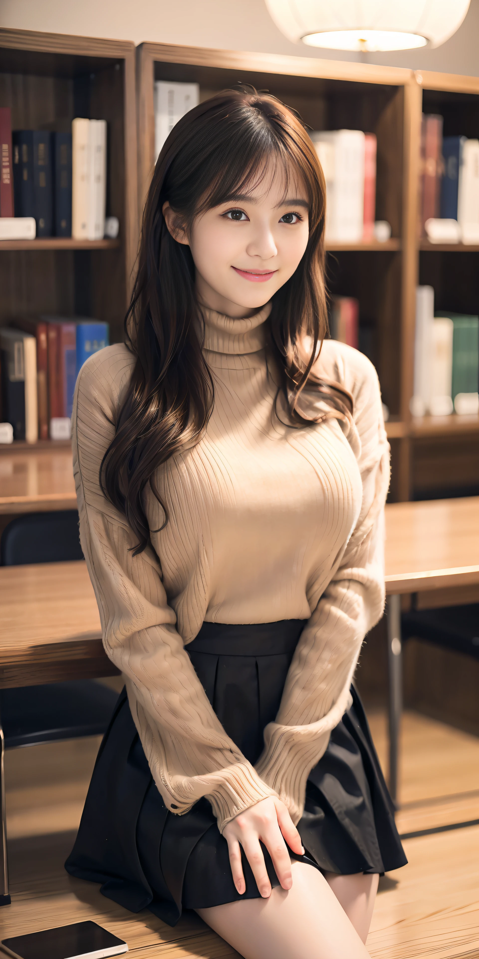 top-quality、Top image quality、masterpiece、governess、25 years old women, black wavy long hair、bangss、tight beige turtleneck sweater, Puffy nipple、black long flared skirt, jaket、Medium milk, cute smile face、Face of shame、Shake your head、high-heels、sexy pose、Big necklace、耳Nipple Ring、Inside the library、place both elbows on the table、look up at the other person