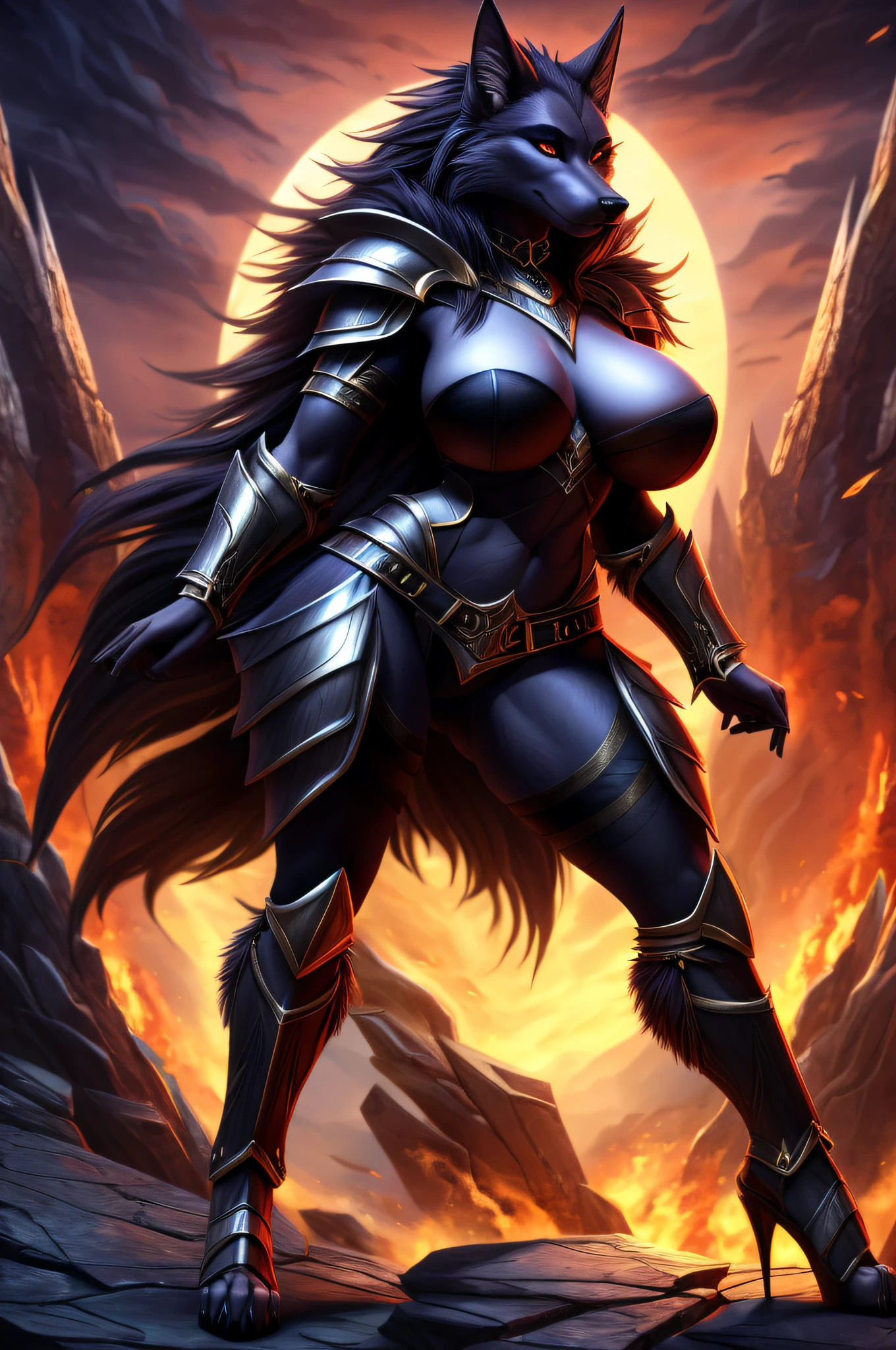 anthropomorphic hell hound,full body,female,large breasts,wide hips,sexy,striking pose,seductive gaze,fantasy art style,(best quality,4k,8k,highres,masterpiece:1.2),alluring curves,detailed fur, armor