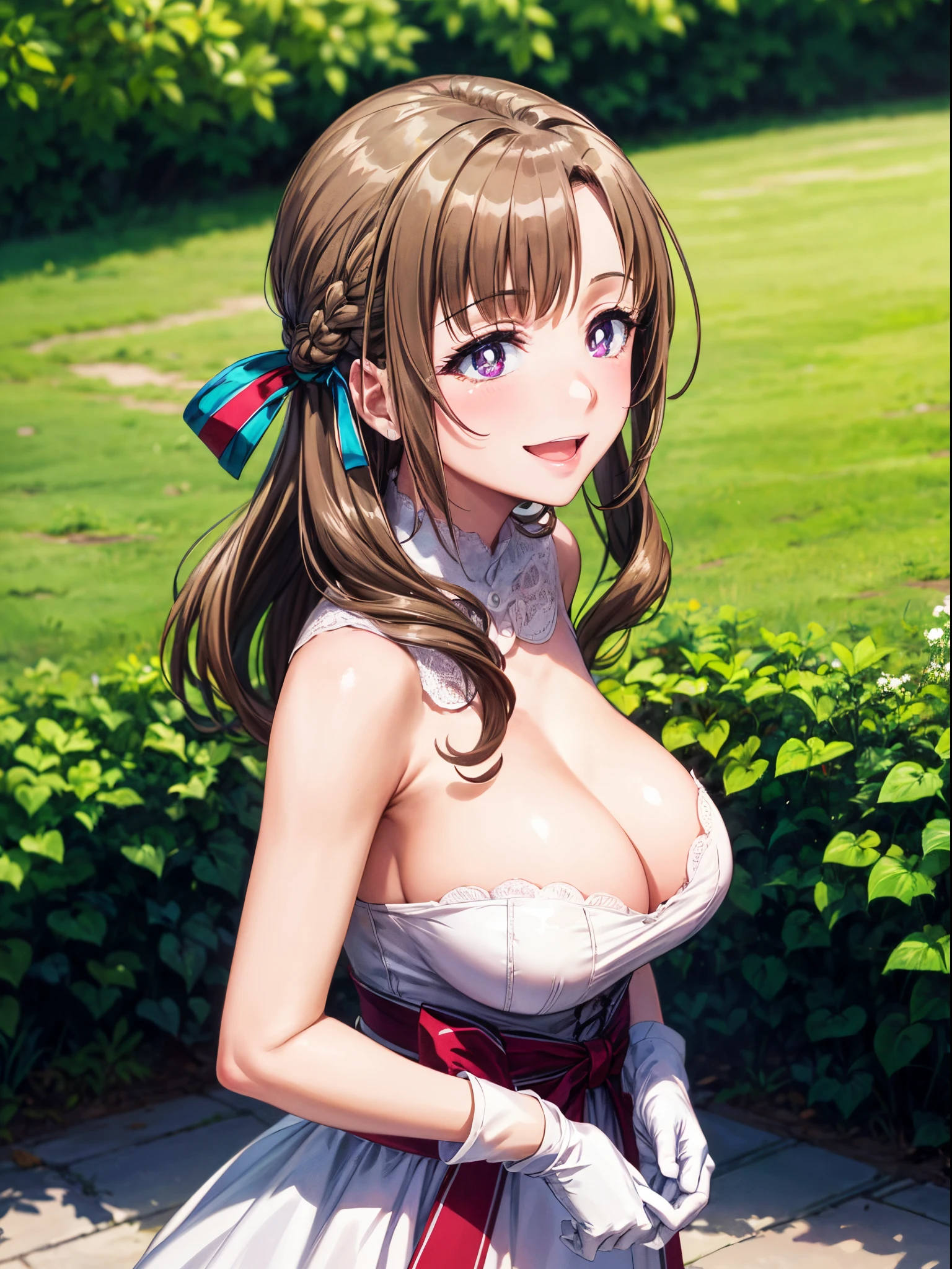 Best Quality, High resolution, 1girl in, (Huge breasts:1.2), small tits、Beautiful face, Smile, mamako_oosuki, Long hair, Brown hair, Purple eyes, maturefemale, Bright pupils, bow ribbon, White Gloves, White Dress, cleavage, tussock, From Side