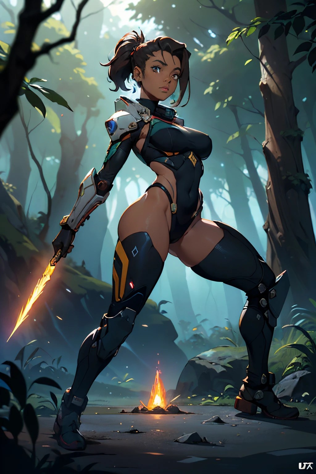 (((20 anos, sic-fi  negra, pele clara))), magical aura around her, she is in a mysterious dark forest, twilights, (((lacuna na coxa))), (((sci-fi, Pose de corpo inteiro))),  longos cabelos ondulados pretos, botas, (((usando armadura de couro rasgada))), (((Arte estilo star finder))), arte de fantasia sci-fi, rico, cores profundas, (detalhes intrincados:0.9), (HDR, Hiperdetalhamento:1.2), (texturas naturais da pele, hiper realisitc, luz suave, Sharp),