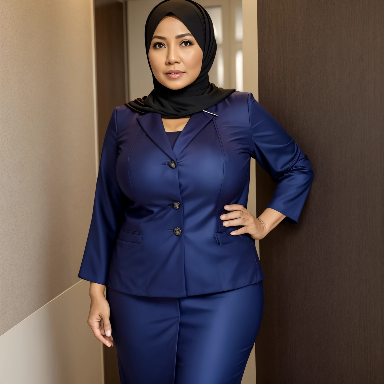 50 years Old, Hijab Indonesian mature woman, Big Tits : 38.9, doctor suit,curvy body, Breast about To burst out from her clothes, at doctor office, Dark light, at Nighttime.
