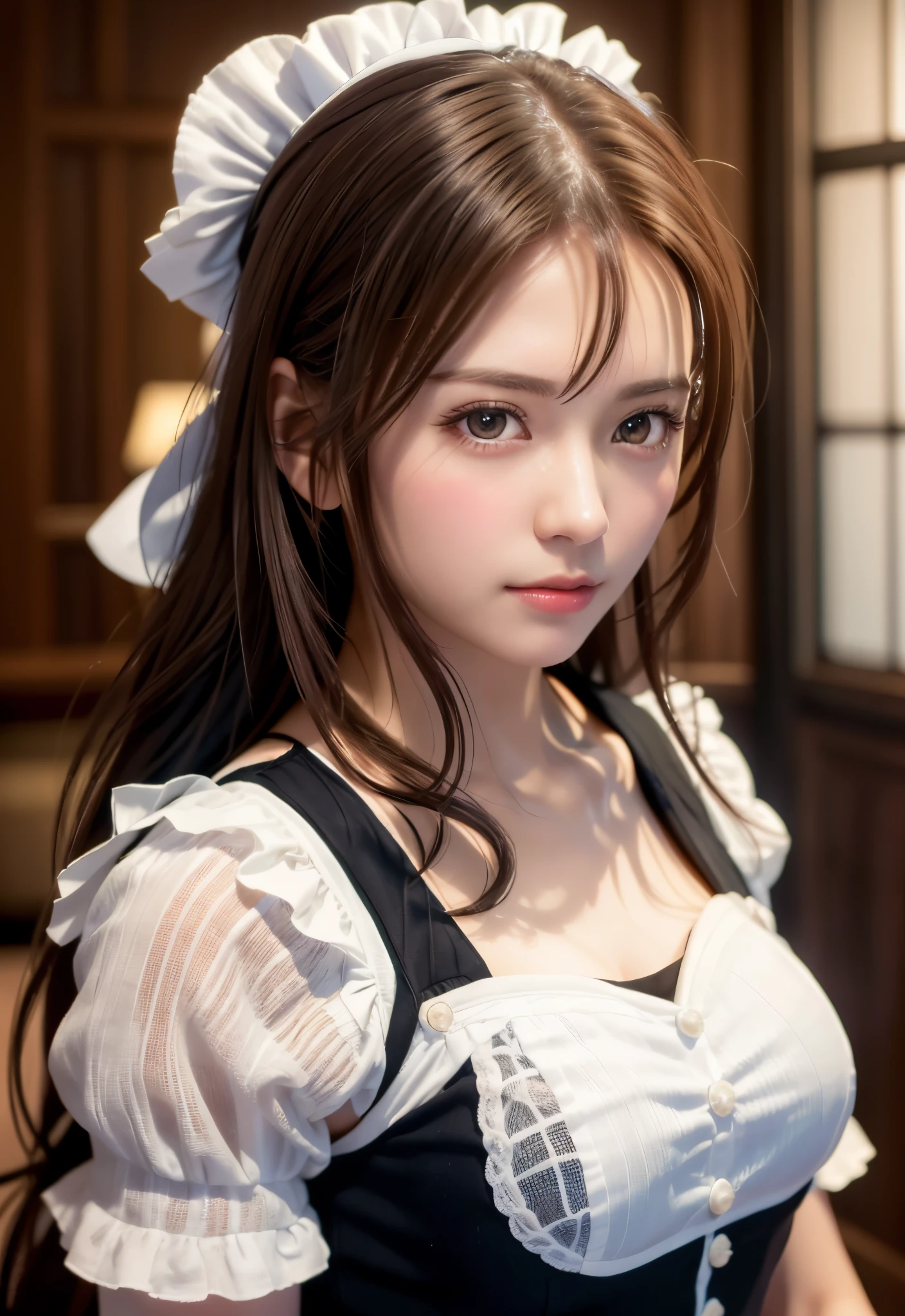 8K, of the highest quality, masutepiece:1.2), (Realistic, Photorealsitic:1.37), of the highest quality, masutepiece, Beautiful young woman, Pensive expression, Gentle eyes, Cute Maid Clothes, Hair tied back, feeling radiant, Cinematic background,, Light skin tone