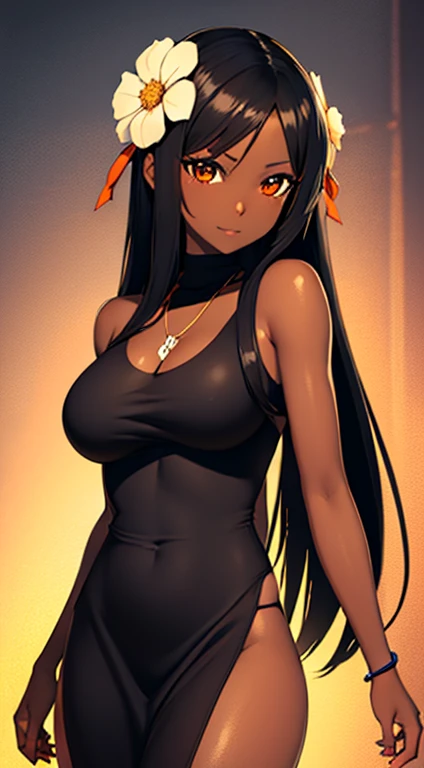 (masterpiece), best quality, expressive eyes, perfect face,black ebony skin,half naked, Black colour tied sleeveless dress, perfect shaped body,long hair, black hair, orange eyes,big sized boobs, black skin, ultra realistic detailed orange eyes, long and open hair, looking at camera, innocent eyes, innocent face,very cute anime girl face, black skin anime girl, cute smile on her face, flower necklace on her head, wearing flower bracelets on her hand,thigh legs