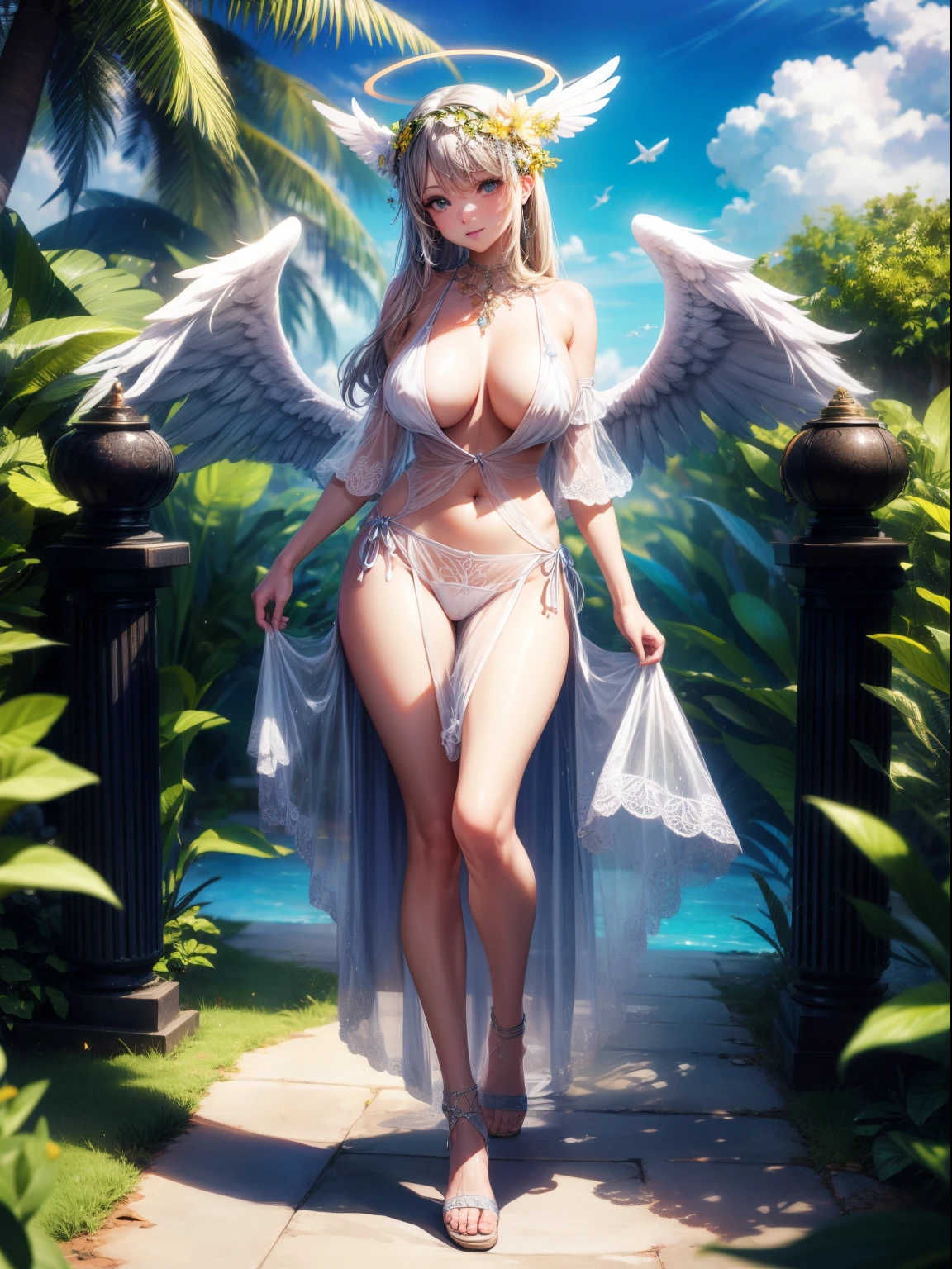 (8K ,hyper-detailing,ultra real photo,Best masterpiece,natural,Perfect artwork,Perfect female body),Cute busty girl ,Hair color,(Big tits),Angelic,Sankta,obsessed,the angel's wings,The halo,Angel is coming,tropical garden,Beautiful garden,Gorgeous accessories,Mechanical wings,golden brilliance,Wearing a see-through sexy gauze skirt,Sexy transparent dress,ssee-through,Built-in thong,The cracks are relatively large,stretch the meat,Raised sexy,Flirtatious,obscene exposure ,Full body photo