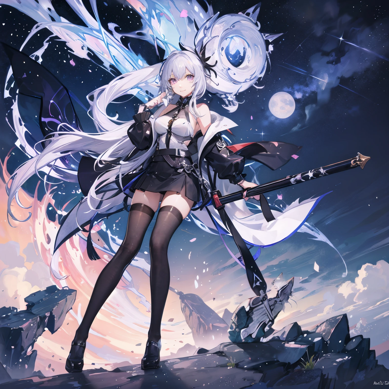 "anime girl, 1 person, silver white hair tied on both sides, light pink purple eyes, wearing cat ear headphones, female shirt, female school uniform, tie, black miniskirt, big breasts, smiling, tights, standing cross-legged, side view, (full HD 4K+ image)"
