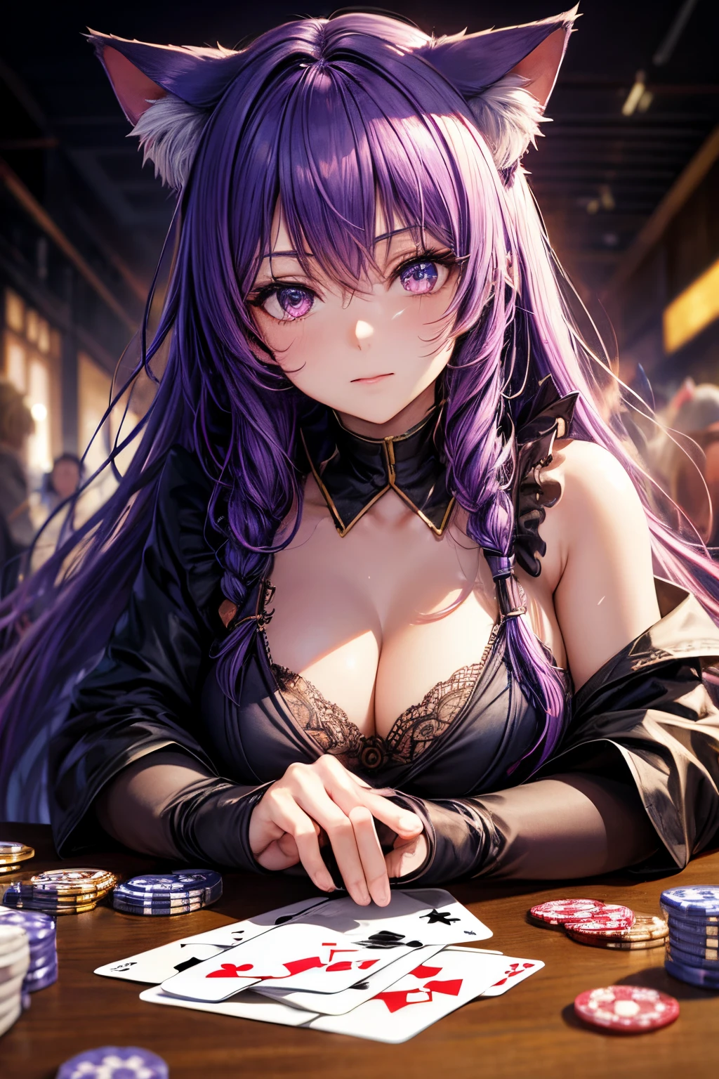 of the highest quality, High resolution, The perfect human structure, Background Focus, Front view, Purple hair, Glowing hair, Cat ears, french braids, Crazy eyes, trump cosplay, PlayingCards,