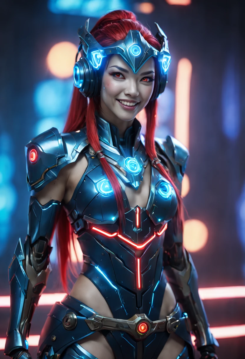 Game character design，3D character rendering，League of Legends Jinx，((1girl，Blue double ponytail，Red eyes，big laughter，future warrior，Mechanical Warframe，Decorated with luminous lines and rivets，With streamer effect or LED light embellishment，Laser cannon、Ion cannon or pulse cannon))，((hair design：Ambilight neon colors，Add some glowing elements，There may be futuristic headwear such as photoelectric glasses or head-mounted displays))，((Expression design：Add some glowing lines or LED light effects to the facial decoration，Design different facial expressions，Highlight the image of future warriors))，(action design：On the move、When releasing a skill or attacking，Add some special effects and animations，Highlight the sense of future and combat)，((Special effects design：Add cool light effects、Electromagnetic wave effect or virtual interface，Enhance the visual impact of skin)), ((standing on your feet，Metal heels, Glowing lines or LED light effects)), jinx (league of legends)