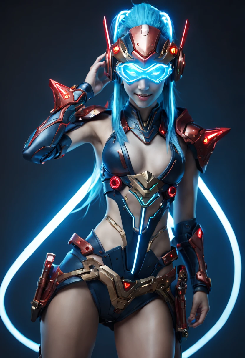 Game character design,3D character rendering,League of Legends Jinx,((1girl,Blue double ponytail,Red eyes,big laughter,future warrior,Mechanical Warframe,Decorated with luminous lines and rivets,With streamer effect or LED light embellishment,Laser cannon、Ion cannon or pulse cannon)),((hair design:Ambilight neon colors,Add some glowing elements,There may be futuristic headwear such as photoelectric glasses or head-mounted displays)),((Expression design:Add some glowing lines or LED light effects to the facial decoration,Design different facial expressions,Highlight the image of future warriors)),(action design:On the move、When releasing a skill or attacking,Add some special effects and animations,Highlight the sense of future and combat),((Special effects design:Add cool light effects、Electromagnetic wave effect or virtual interface,Enhance the visual impact of skin)), ((standing on your feet,Metal heels, Glowing lines or LED light effects)), jinx (league of legends)