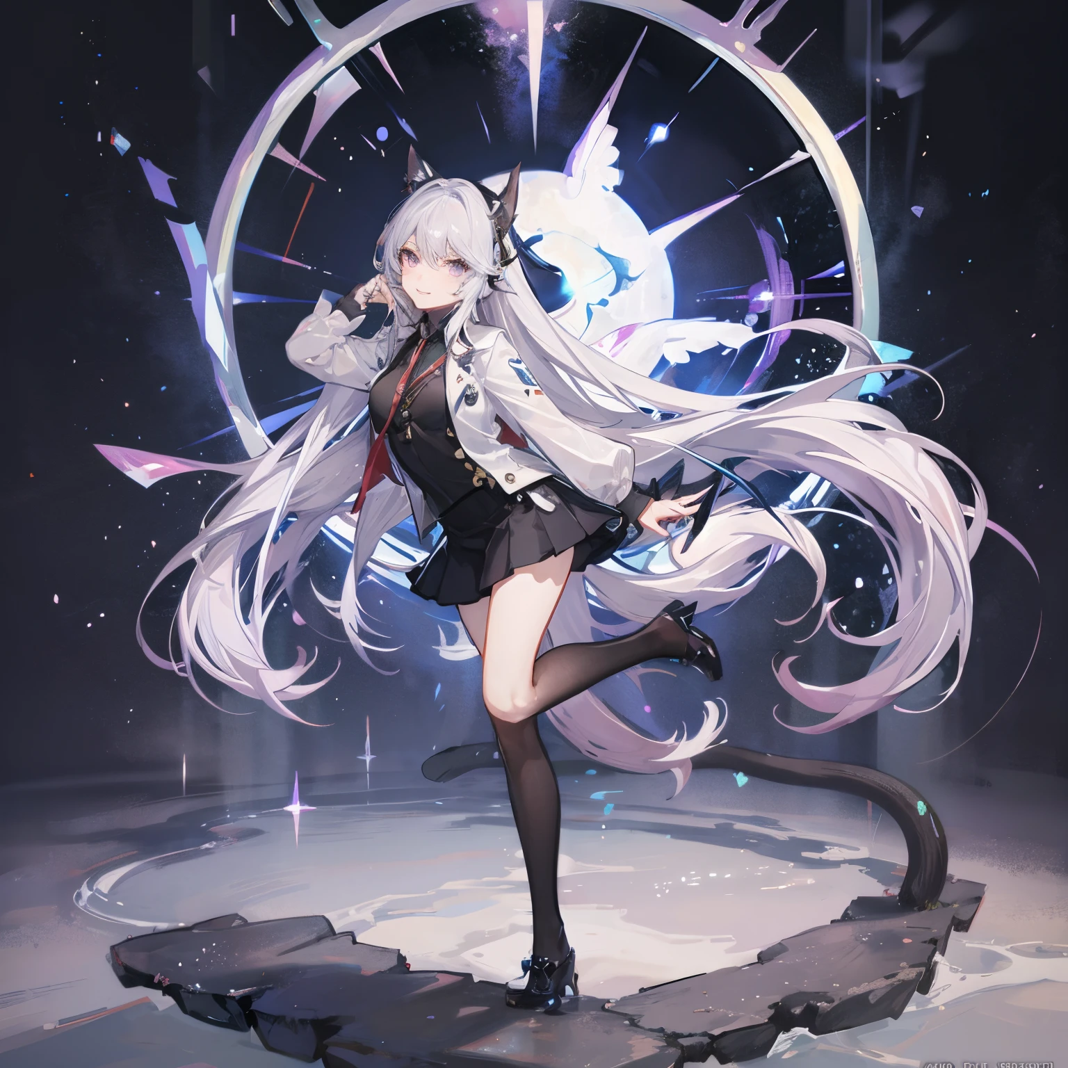 "anime girl, 1 person, silver white hair tied on both sides, light pink purple eyes, wearing cat ear headphones, female shirt, female school uniform, tie, black miniskirt, big breasts, smiling, tights, standing cross-legged, side view, (full HD 4K+ image)"