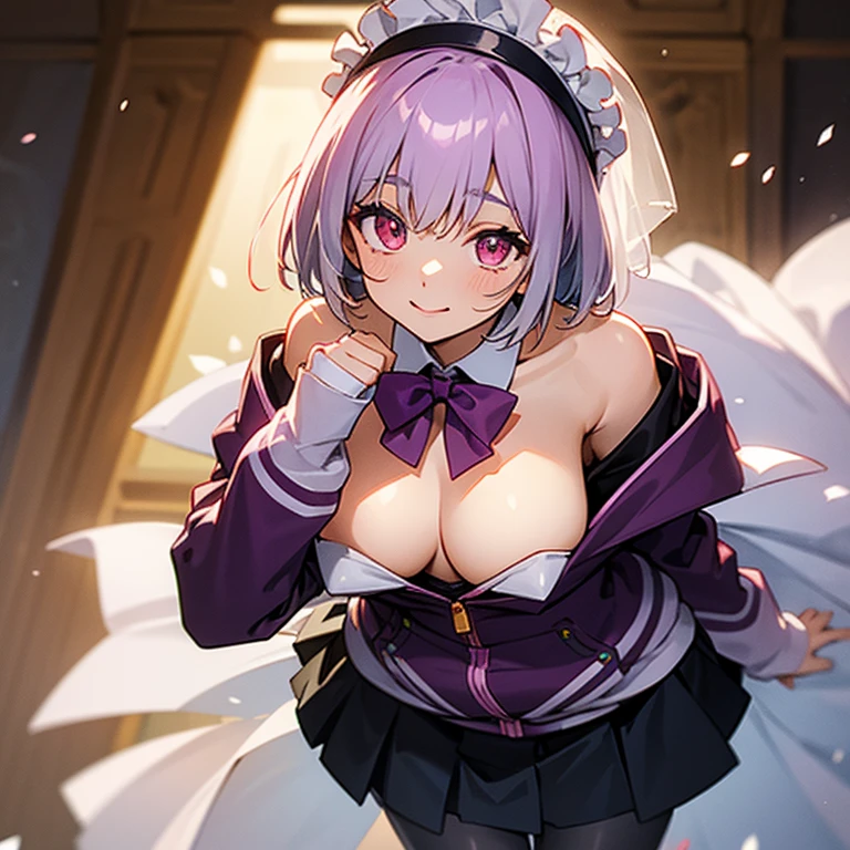 ((Masterpiece)), (((Best quality))), ((Ultra-detailed)), ((illustration)), ((Disheveled hair)), ((frilld)), (1 girl), (Solo), double tails, (Yellow eyes:1.2), Heterochromatic, (red eyes:1.2),Bare shoulders , Black hair , Blurry, Blush , Breasts , Bridal veil , Bride , 鎖骨, cleavage, clothes pull, Clothing , dress , Elbow gloves , Eyebrows visible through hair, Female , Female only , mitts, gore , headdress , Headwear, Holding , holding clothes , holding object , jewelry , Large breasts , Leaning forward , Long hair , view the viewer , necklace, No bra , petals , Red eyes, Skirt , skirt hold , Skirt lift , skirt pull, Smile , Solo , Star , No shoulder strap, Strapless dress , hair tying, double tails , light yarn , Wedding , (Wedding dress:1.2) , White gloves ,akaneshinjou, shinjou akane, light purple hair, (pink eyes:1.2), short hair,
BREAK black pantyhose, bow, collared shirt, hood, hooded jacket, jacket, open clothes, open jacket, open shirt, pantyhose, purple bow, purple jacket, school uniform, shirt, sleeves past wrists, unbuttoned shirt, white shirt,,
BREAK indoors, city,
BREAK looking at viewer, BREAK (masterpiece:1.2), best quality, high resolution, unity 8k wallpaper, (illustration:0.8), (beautiful detailed eyes:1.6), extremely detailed face, perfect lighting, extremely detailed CG, (perfect hands, perfect anatomy),