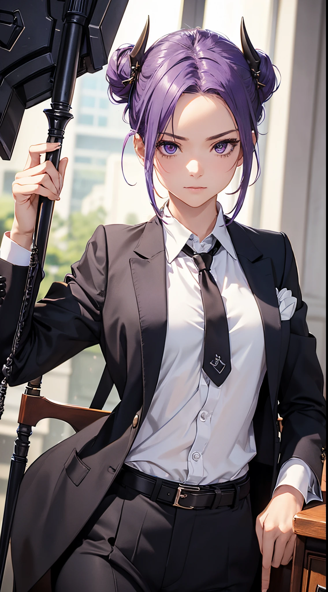 masterpiece, high quality, character concept art, close up photo, portrait, (detailed face, detailed eyes, detailed body:1.3), ARKNIGHTS, sci-fi knights, young girl, anthro, flat chest, purple hair color, hair bun haircut, oni demon features, (oni demon horns:0.75) , (wearing elegant outfit office shirt with tie and jacket with straps and accessories, office pants), holding magic staff, shy pose
