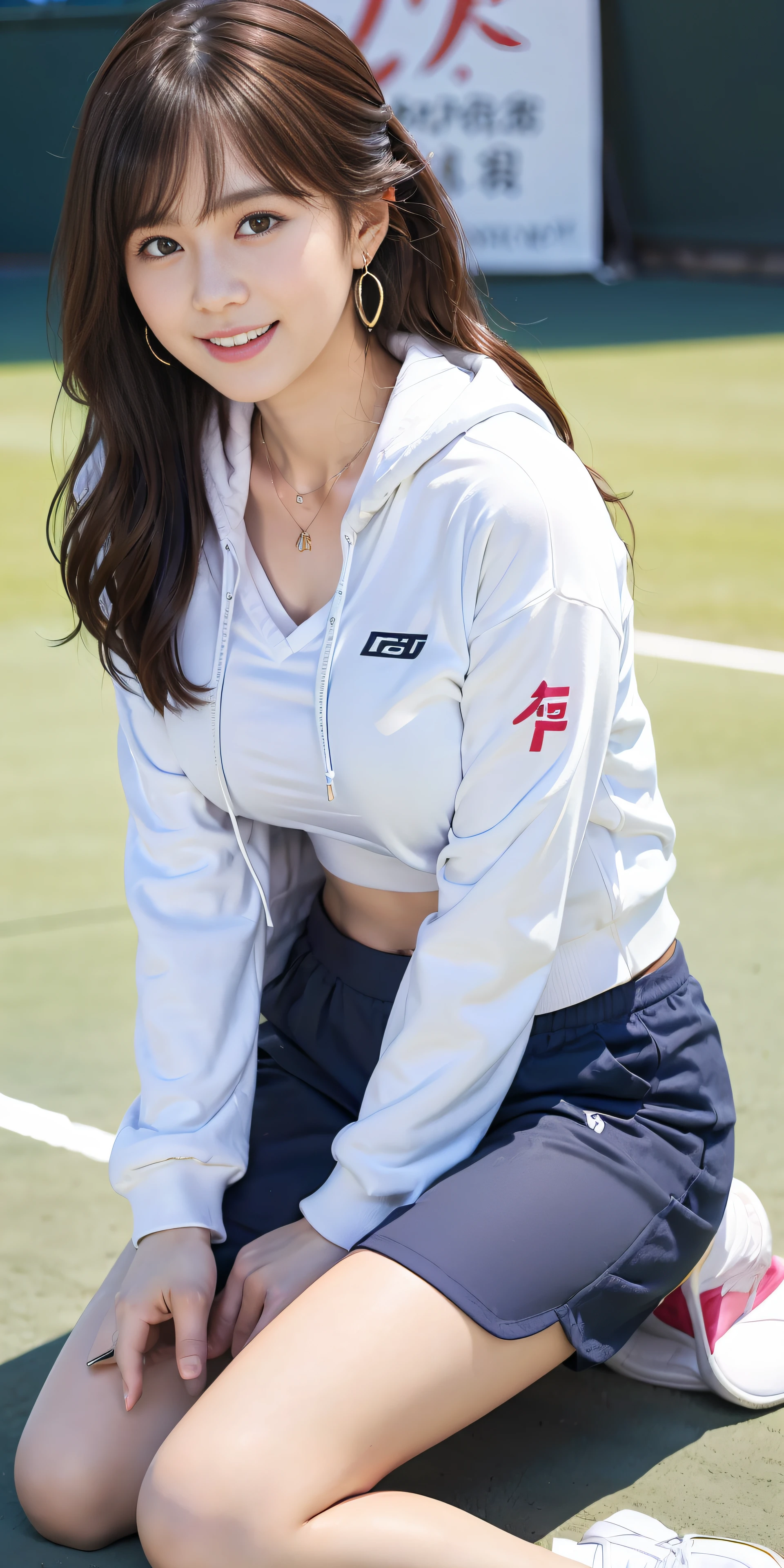 top-quality、Top image quality、masterpiece、25 year old female tennis coach, black middle wavy hair、Puffy nipple、Tennis Wear、White pants、light pink long sleeve hoodie、Medium milk, soft boob、((all-fours、Get down on both knees))、Shy laughter、sexy hips、stick out buttocks、tennis coat、Shake your head、Big necklace、Cute earrings