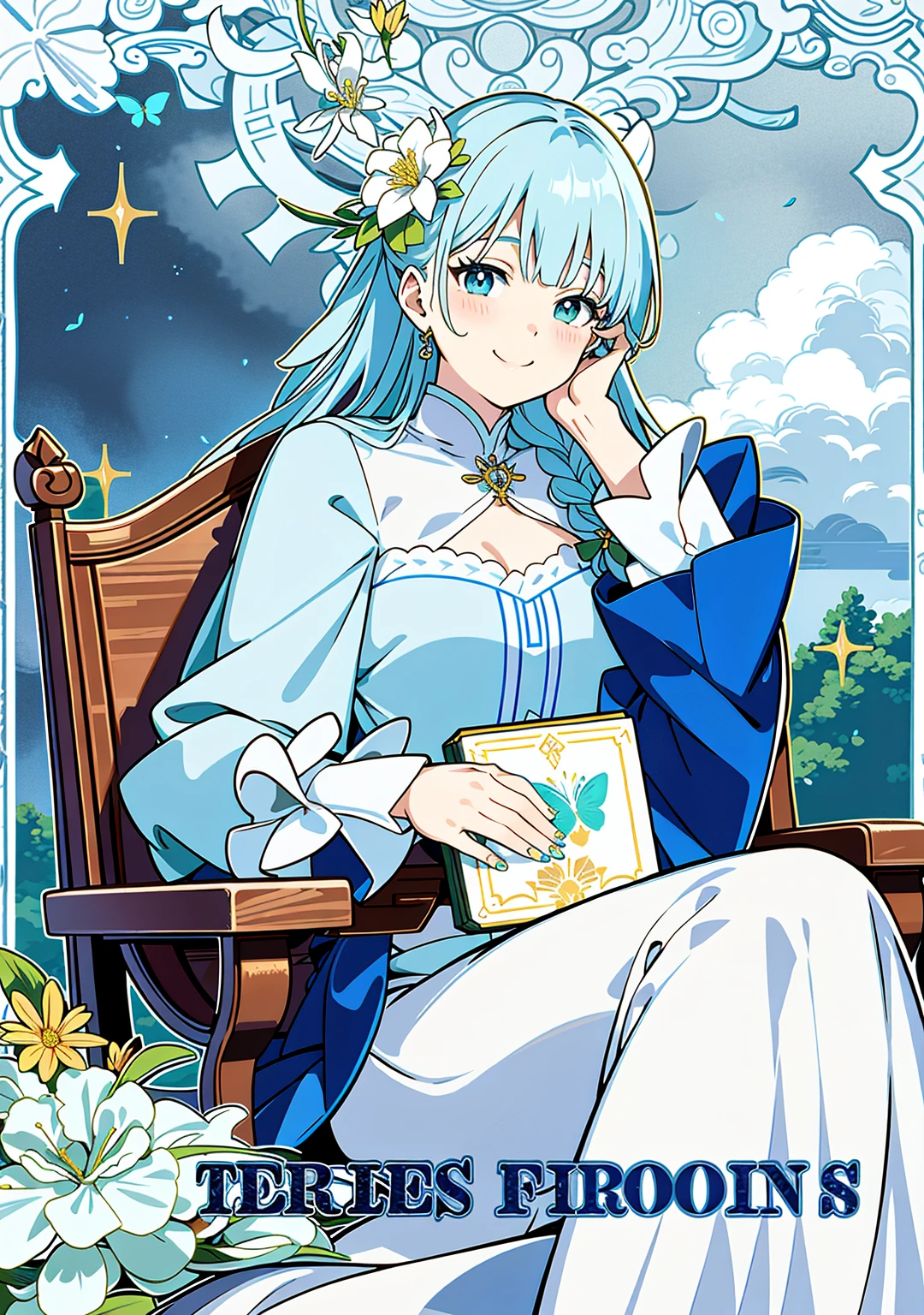 (Realistic painting style:0.9),(faux traditional media:1.0), masterpiece, best quality,bokeh, depth of field, looking to the side, kamisato ayaka (springbloom missive), kamisato ayaka, official alternate hairstyle, official alternate costume, blunt bangs, butterfly hair ornament, hair flower, blue dress, 1girl,girl sitting on a chair,butterfly, grey eyes, flower, hair ornament, light blue hair, outdoors, solo, sky, blue nails, cloud, bangs, long sleeves, holding, looking at viewer, blue butterfly,braid, dress, day, blue sky, breasts, medium breasts, cloudy sky, blush, index finger raised, blue flower, smile, closed mouth, holding open book,tarot,green background,