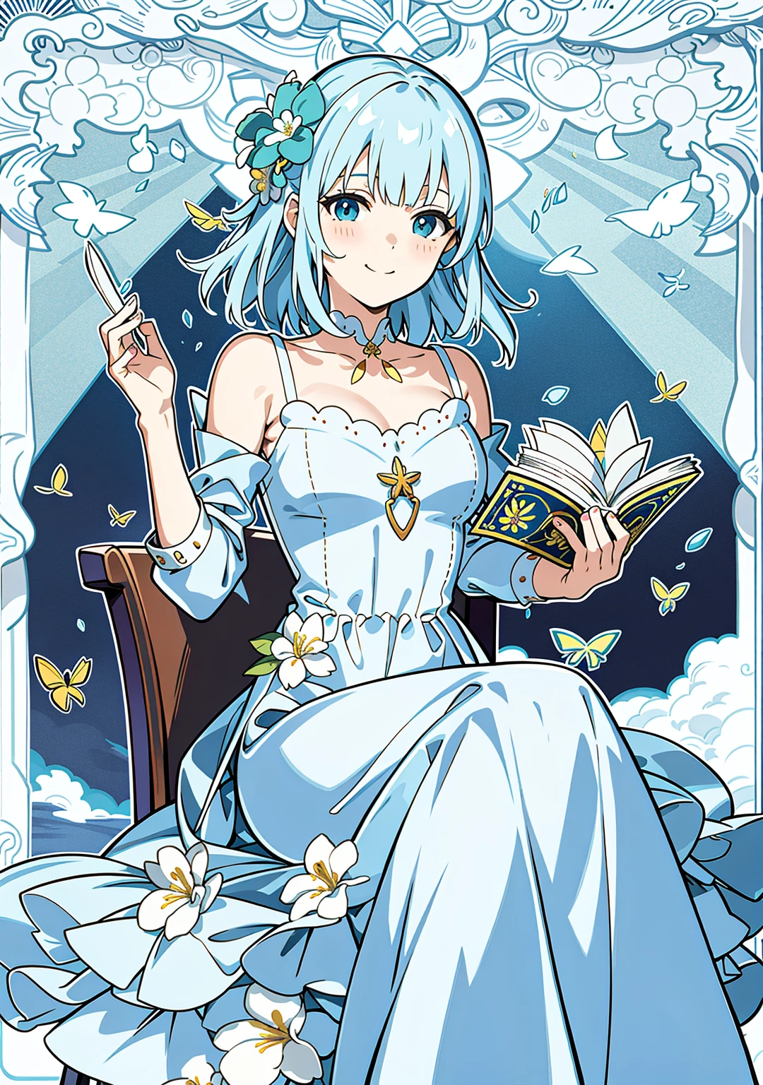 (Realistic painting style:0.9),(faux traditional media:1.0), masterpiece, best quality,bokeh, depth of field, looking to the side, kamisato ayaka (springbloom missive), kamisato ayaka, official alternate hairstyle, official alternate costume, blunt bangs, butterfly hair ornament, hair flower, blue dress, 1girl,girl sitting on a chair,butterfly, grey eyes, flower, hair ornament, light blue hair, outdoors, solo, sky, blue nails, cloud, bangs, long sleeves, holding, looking at viewer, blue butterfly,braid, dress, day, blue sky, breasts, medium breasts, cloudy sky, blush, index finger raised, blue flower, smile, closed mouth, holding open book,tarot,green background,