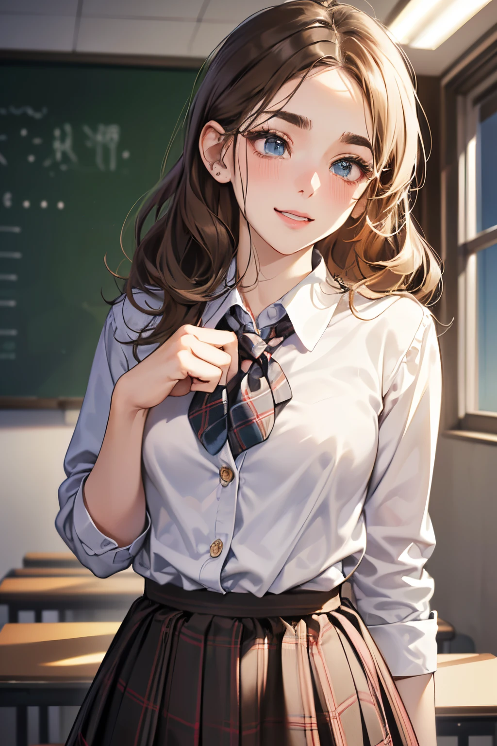 (masutepiece, Digital Art, Digital Illustration, 4K, 8K, Ultra-detailed, beautiful image, Sharp Image, Photorealistic, Raw photo, Perfect face, Perfect lines, Perfect eyes, Soft lighting) 1 woman, (lightbrown hair,Chignon hair in a high position,Innocent look,Lowered eyebrows,drooping eyebrows,drooing eyes,cute large eyes,natural make up,kindly smile,Round jaws,petite female:1.3),Two handsome men in suits, (ember,Men in suits,well-muscled,Firm shoulder width,Adult male,Boyish hairstyle,English gentlemanly style,Man in his 30s with a cool expression,28-year-old man with bright smile:1.2),(Nervous,be shy,sleepy,embarrassed from:1.2),innocent smiles,(embarrassed from,Shy smile:1.1),A classroom full of light、Schools、校服、blazers、Black Plaid Pleated Skirt、baggy cardigan、hi-school girl、Skirt flipping