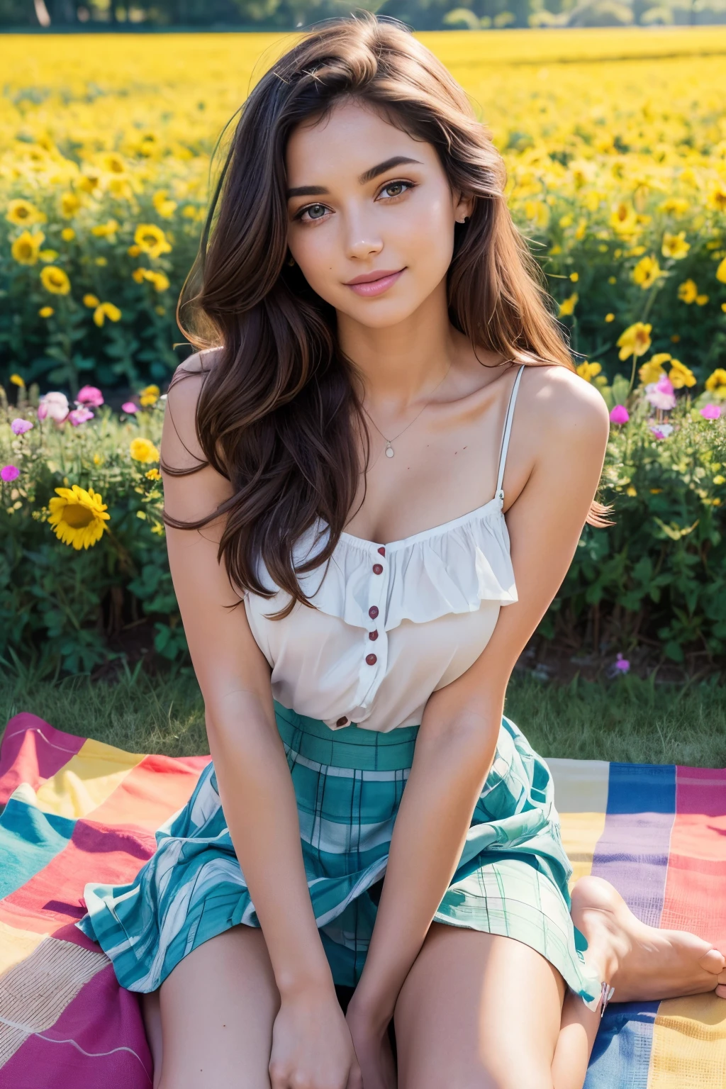 1 gorgeous European brunette woman, aged 23, long wavy hair, she’s a model, sexy pose, flirting with camera, perfect face, perfect eyes, perfects hands, perfect breast, perfect hair, perfect body, perfect feet, (She wears a blouse with thin straps and bare shoulders and a skirt, in a colorful flowers field, She's kneeling on the picnic tablecloth, having a picnic:1.3), (beautiful smile:1.0) cinematic lighting, god rays, backlighting, drop shadow, Fujicolor, Nikon, UHD, retina, masterpiece, accurate, anatomically correct, textured skin, super detail, high details, high quality, award winning, best quality, highres, 16k