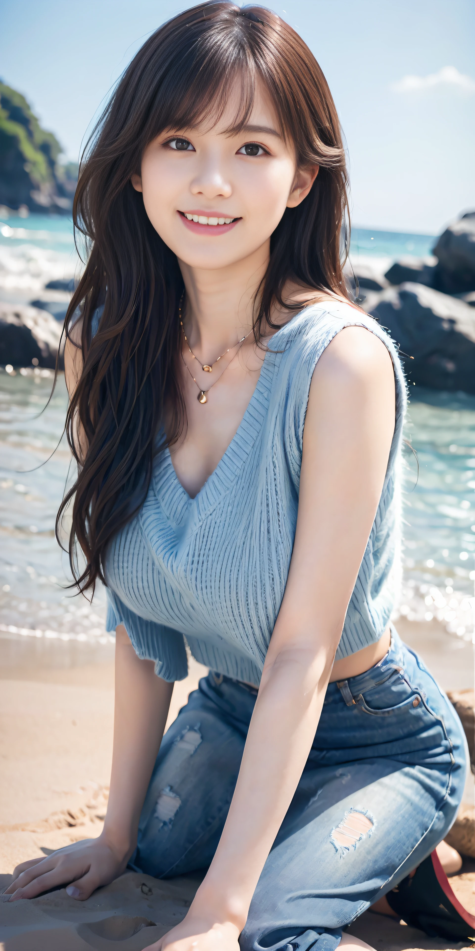 top-quality、Top image quality、masterpiece、Photos showing the whole body、25 years old women, black wavy long hair、bangss、(tight sleeveless sweater), Puffy nipple、Tight denim skirt, Medium milk, cute smile face、(kneel on beach、all-fours)、(Emphasis on the chest)、sexy hips、high-heels、Sun-drenched beach in summer、sexy pose、Big necklace、耳Nipple Ring、Photos showing the whole body