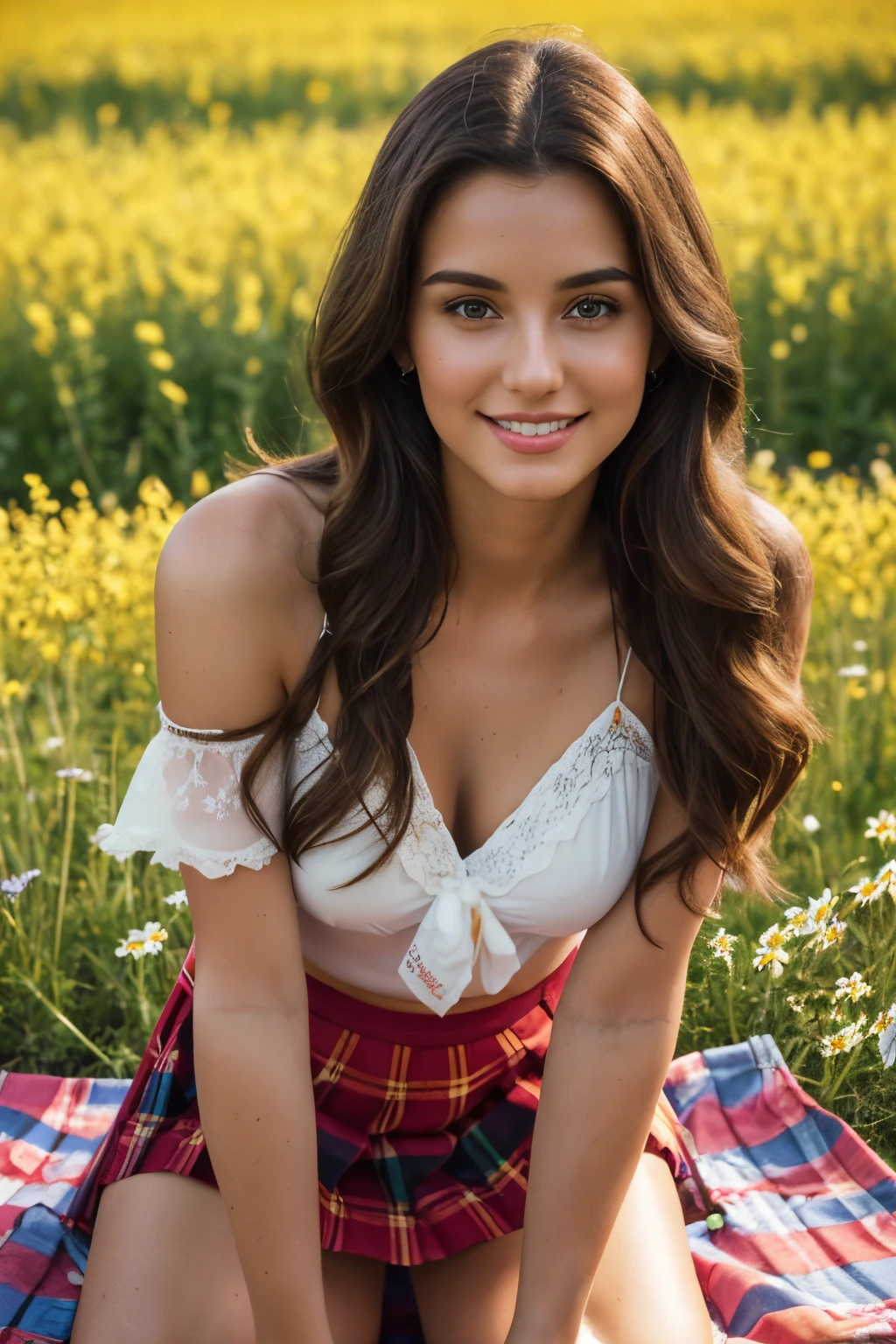 1 gorgeous European brunette woman, aged 23, long wavy hair, she’s a model, sexy pose, flirting with camera, perfect face, perfect eyes, perfects hands, perfect breast, perfect hair, perfect body, perfect feet, (She wears a blouse with thin straps and bare shoulders and a skirt, in a colorful flowers field, She's kneeling on the picnic tablecloth, having a picnic:1.3), (beautiful smile:1.0) cinematic lighting, god rays, backlighting, drop shadow, Fujicolor, Nikon, UHD, retina, masterpiece, accurate, anatomically correct, textured skin, super detail, high details, high quality, award winning, best quality, highres, 16k