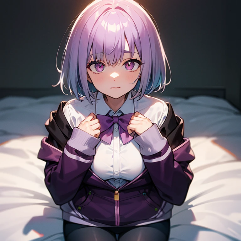 akaneshinjou, shinjou akane, light purple hair, (pink eyes:1.2), short hair,
BREAK black pantyhose, bow, collared shirt, hood, hooded jacket, jacket, open clothes, open jacket, open shirt, pantyhose, purple bow, purple jacket, school uniform, shirt, sleeves past wrists, unbuttoned shirt, white shirt,,
BREAK indoors, city,
BREAK looking at viewer, BREAK (masterpiece:1.2), best quality, high resolution, unity 8k wallpaper, (illustration:0.8), (beautiful detailed eyes:1.6), extremely detailed face, perfect lighting, extremely detailed CG, (perfect hands, perfect anatomy),