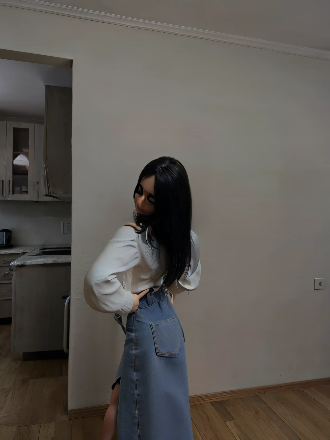 there is a woman standing in a room with a white shirt and blue skirt, casual pose, wearing a shirt and a jean, with long hair, outfit photo, leaning on the wall, full body picture, leaning against the wall, side pose, back pose, white shirt and jeans, standing in corner of room, taken with sony alpha 9, very very low quality picture