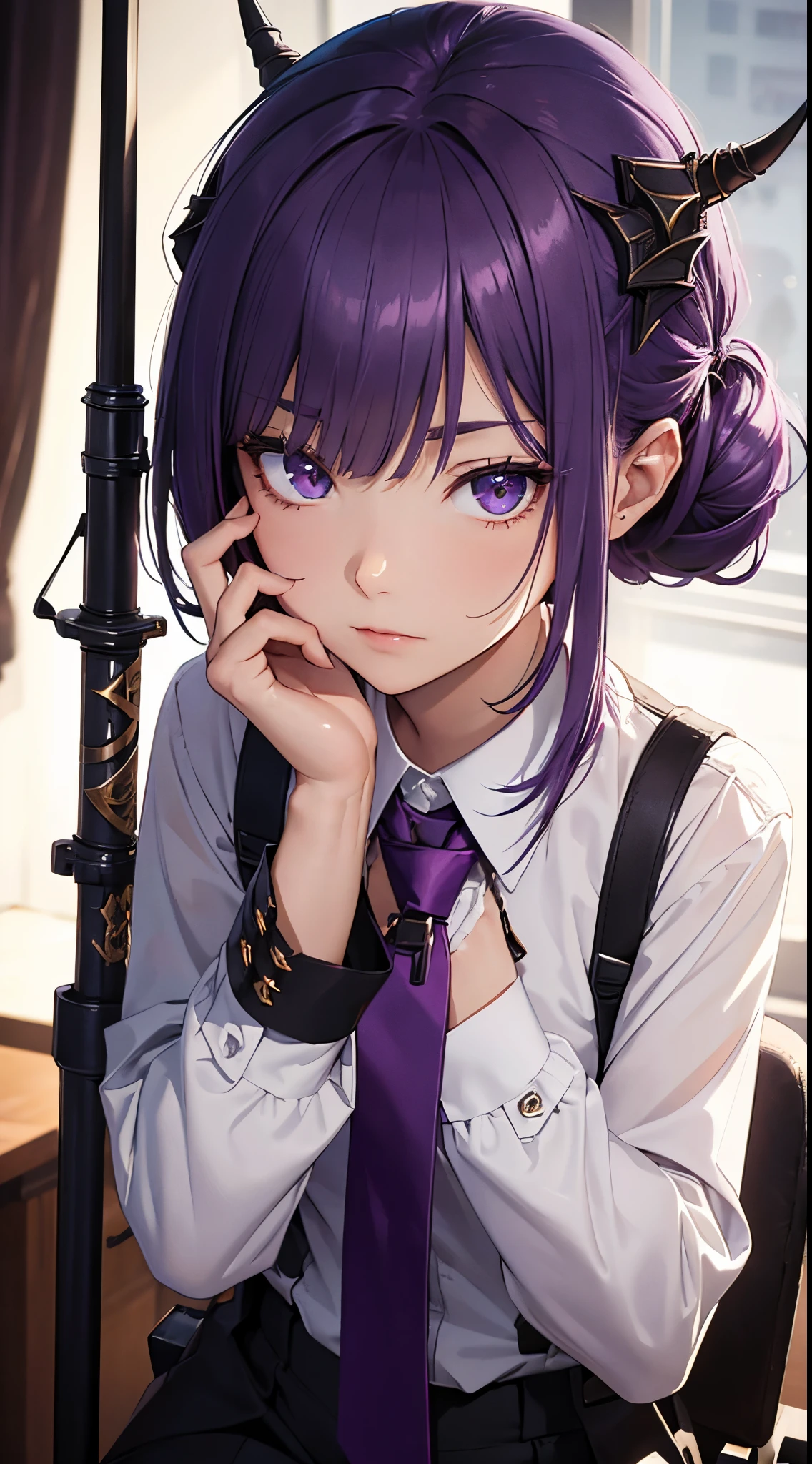 masterpiece, high quality, character concept art, close up photo, portrait, (detailed face, detailed eyes, detailed body:1.3), ARKNIGHTS, sci-fi knights, young girl, anthro, flat chest, purple hair color, hair bun haircut, oni demon features, (oni demon horns:0.75) , (wearing elegant outfit office shirt with tie and military jacket with straps and accessories, office pants), holding magic staff, shy pose